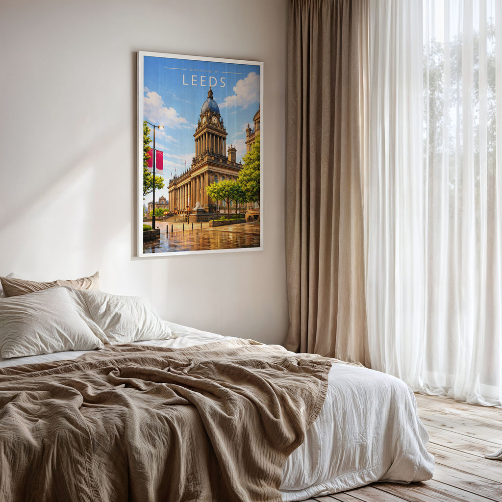 Leeds Travel Poster framed on a bedroom wall