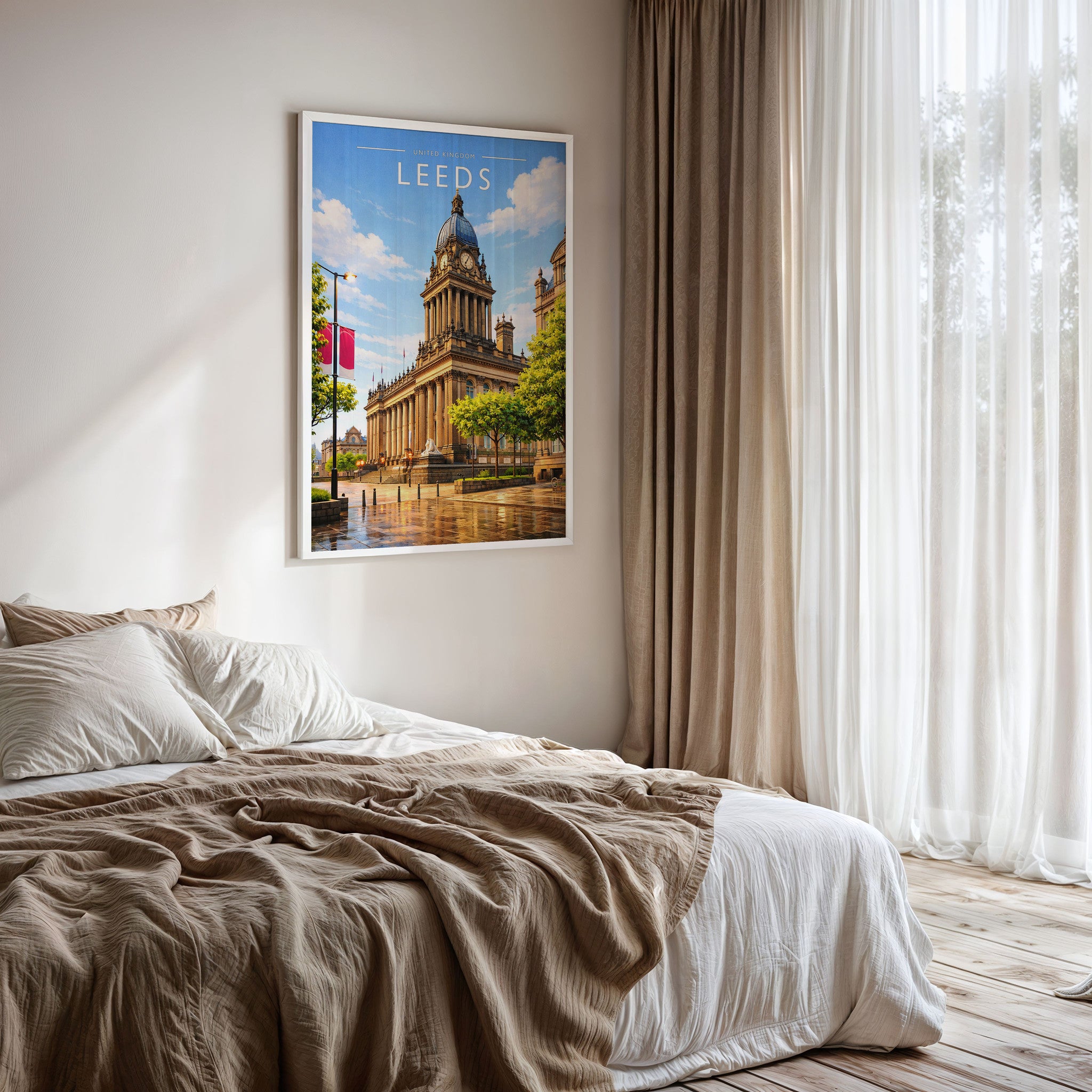 Leeds Travel Poster framed on a bedroom wall
