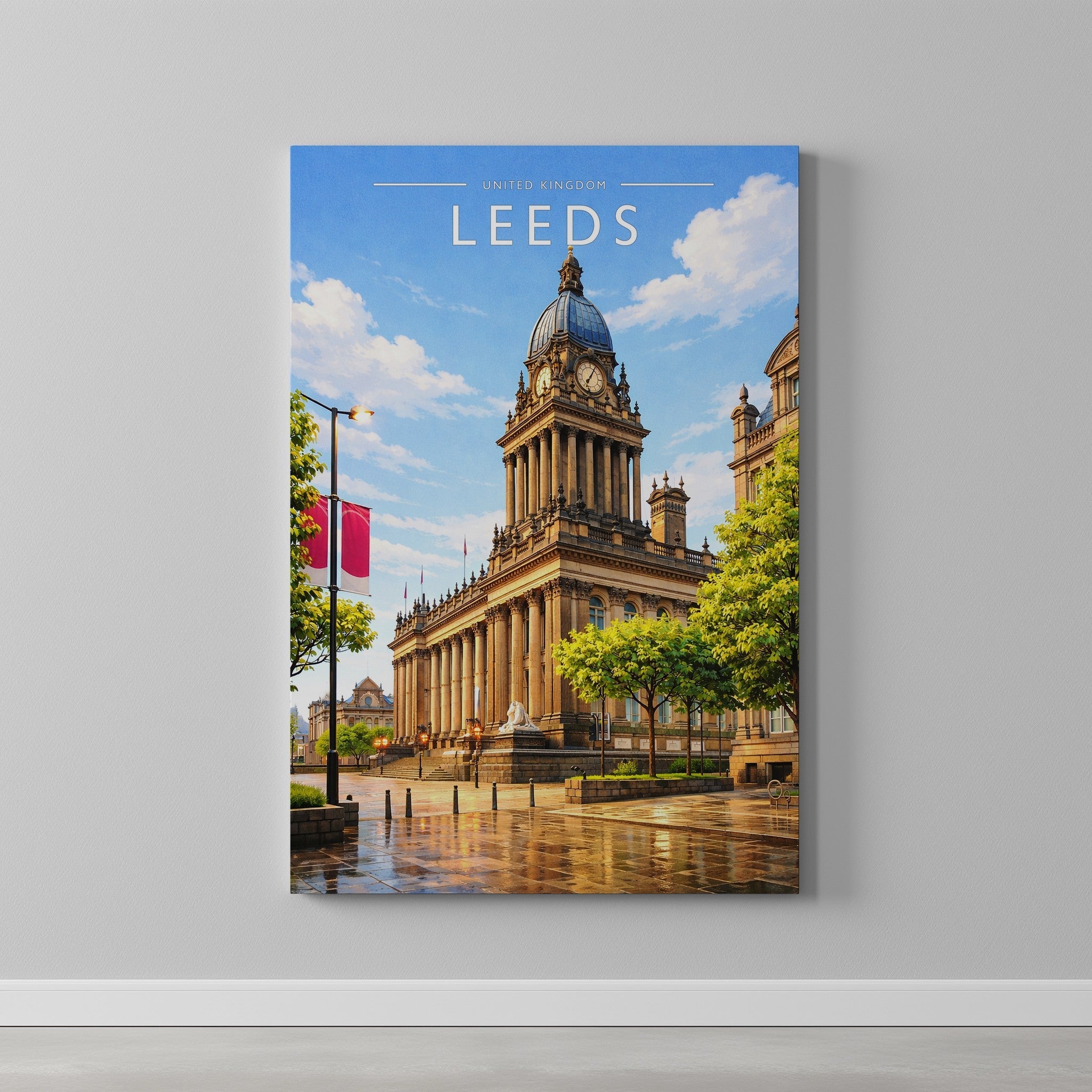 Leeds Travel Poster as a gallery-wrapped canvas on a plain wall