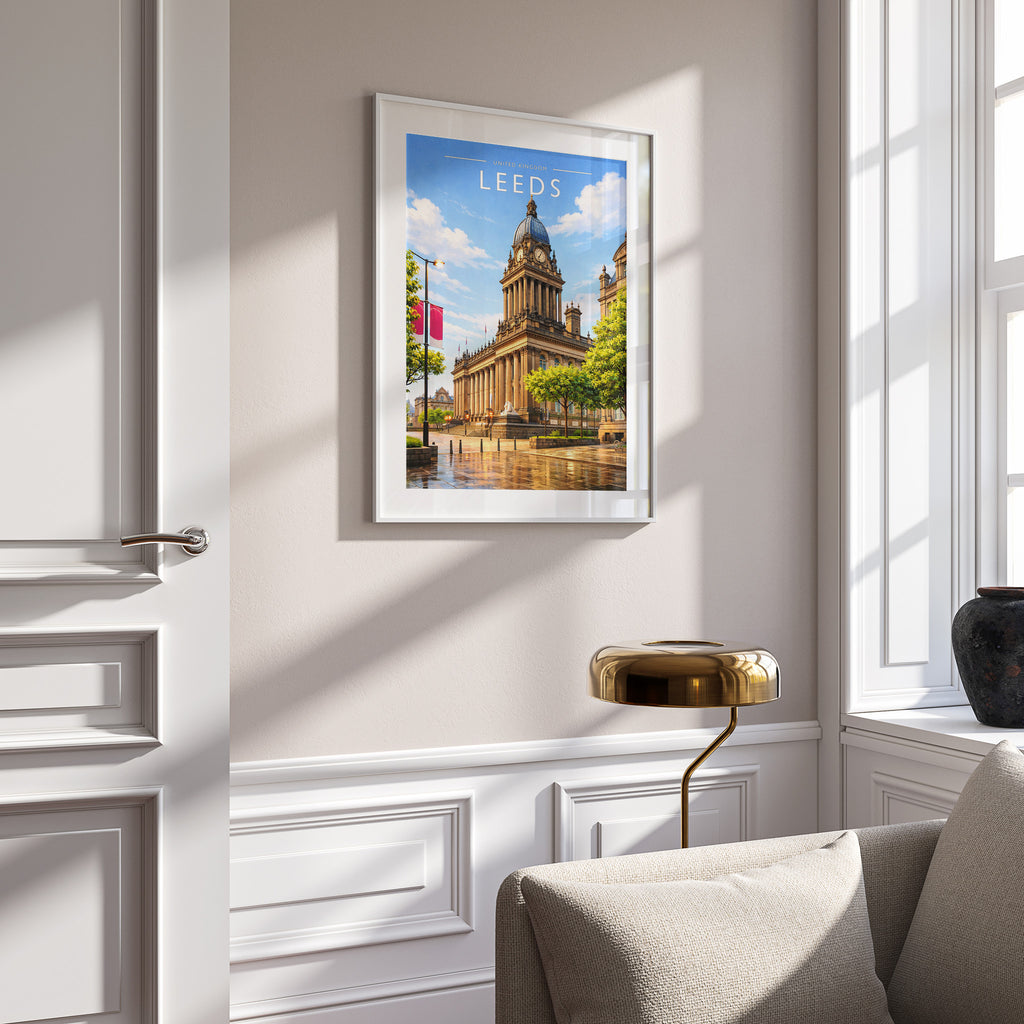 Leeds Travel Poster in a white frame on a panelled wall