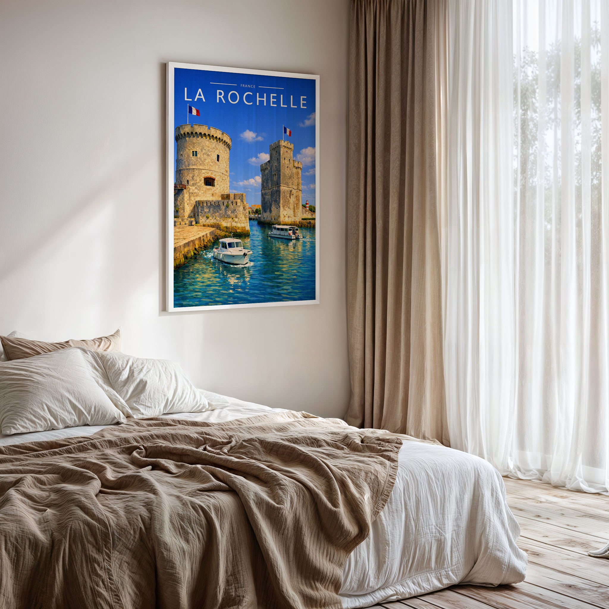 La Rochelle Travel Poster framed on a bedroom wall