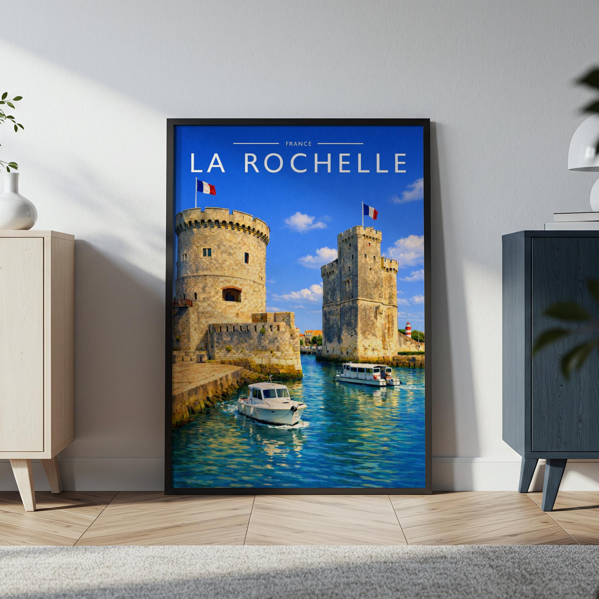 La Rochelle Travel Poster in a black frame