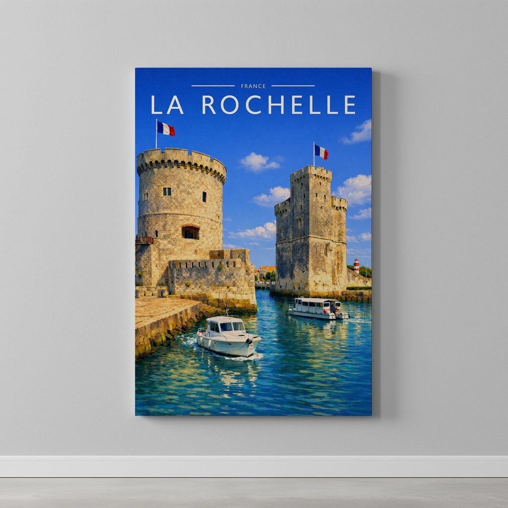La Rochelle Travel Poster as a gallery-wrapped canvas on a plain wall