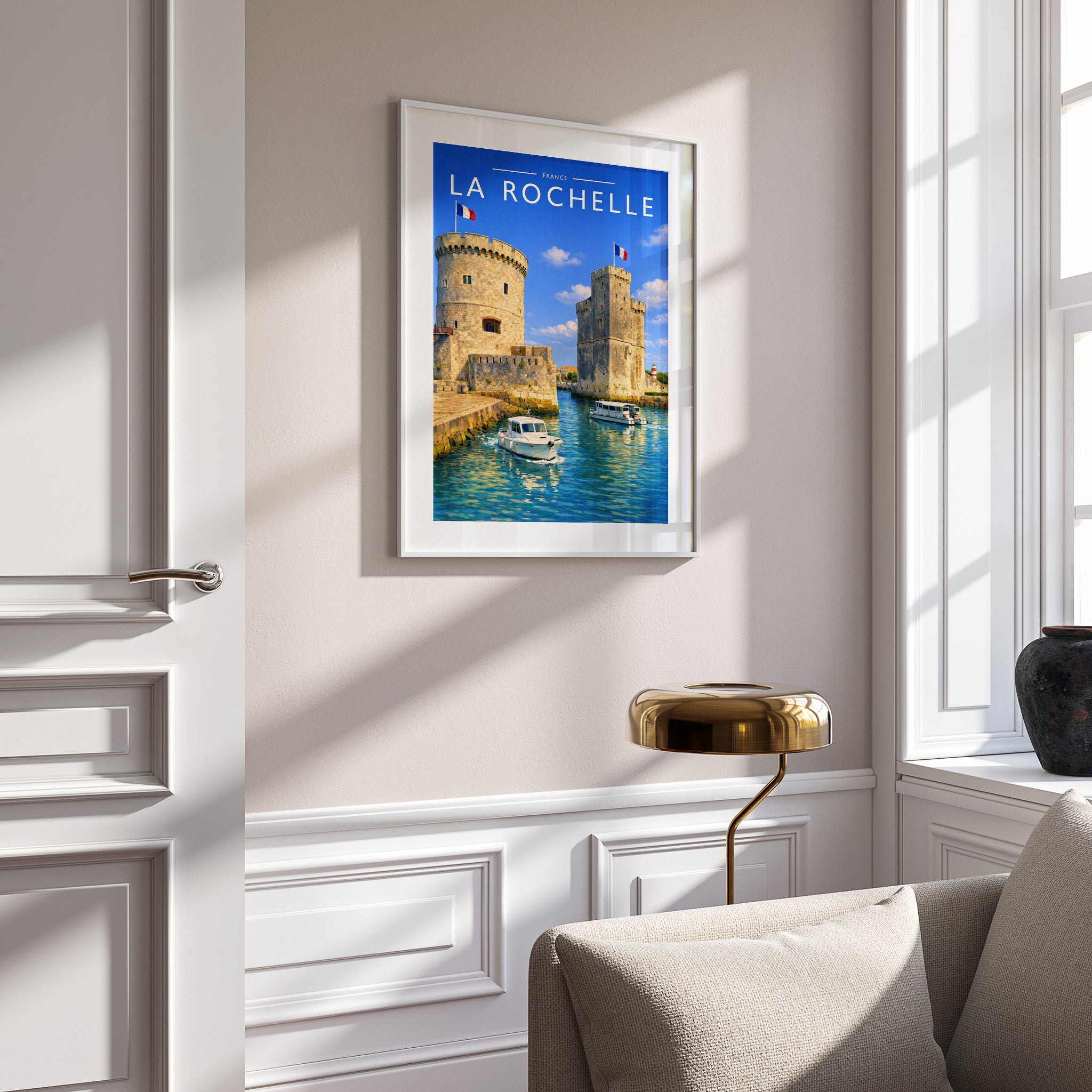 La Rochelle Travel Poster in a white frame on a panelled wall