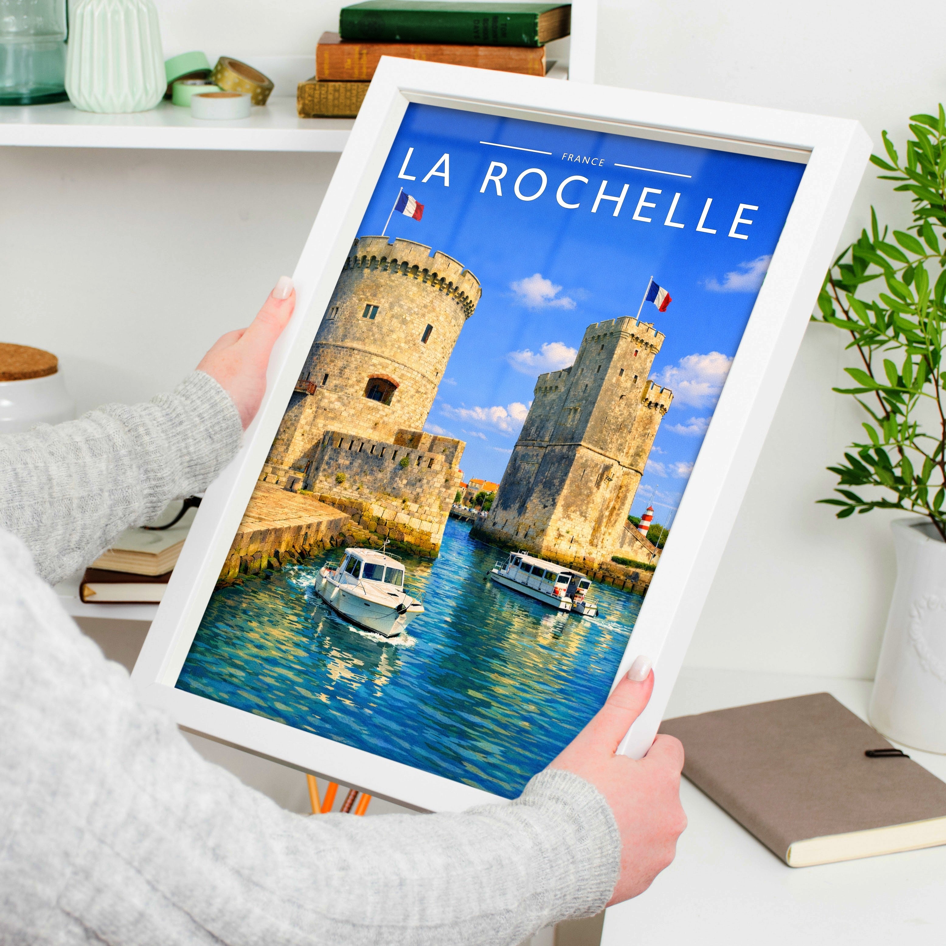 La Rochelle Travel Poster held in a white frame