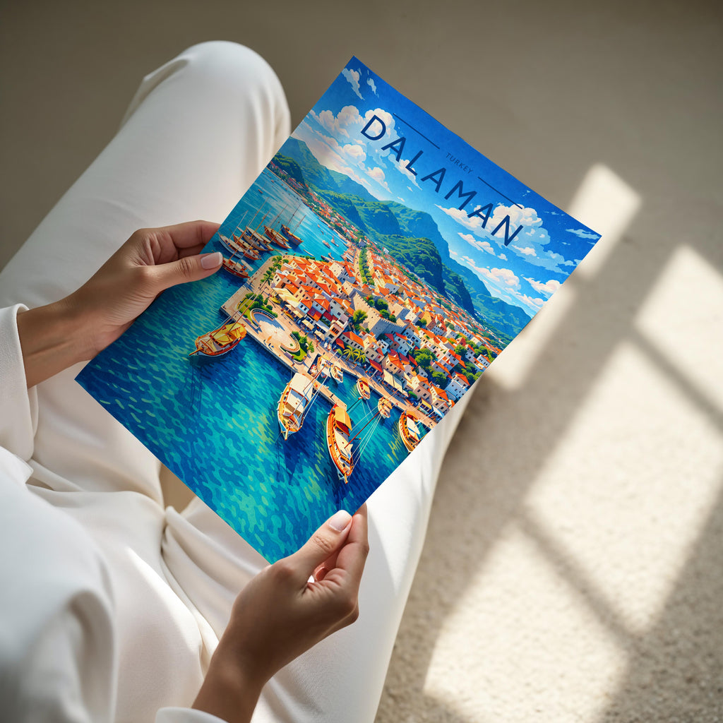 Dalaman Travel Poster - A4 print held in hand