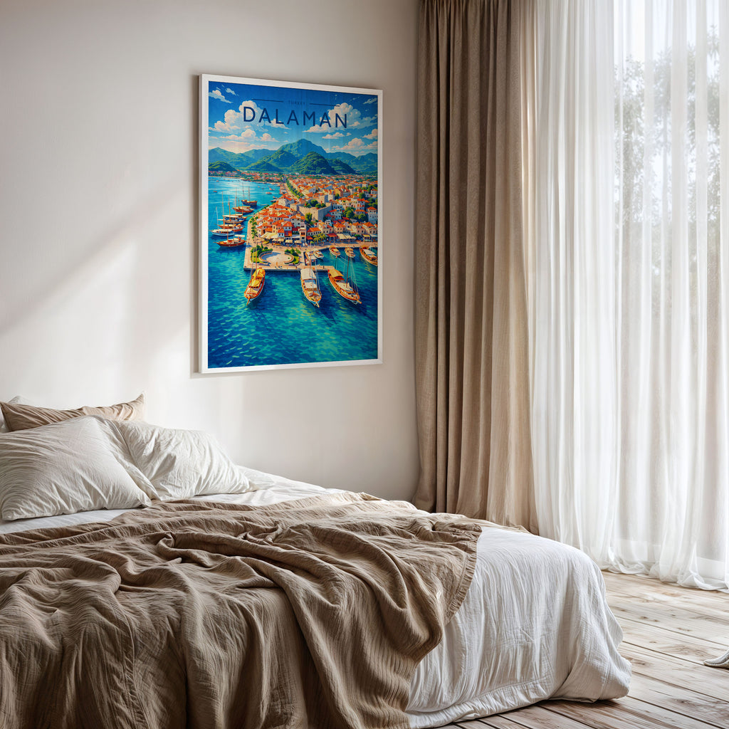 Dalaman Travel Poster framed on a bedroom wall