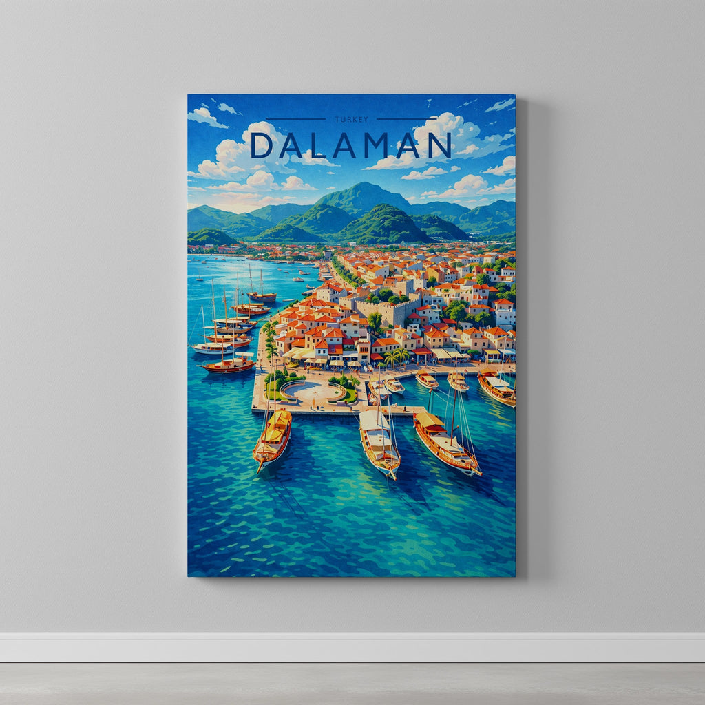 Dalaman Travel Poster as a gallery-wrapped canvas on a plain wall