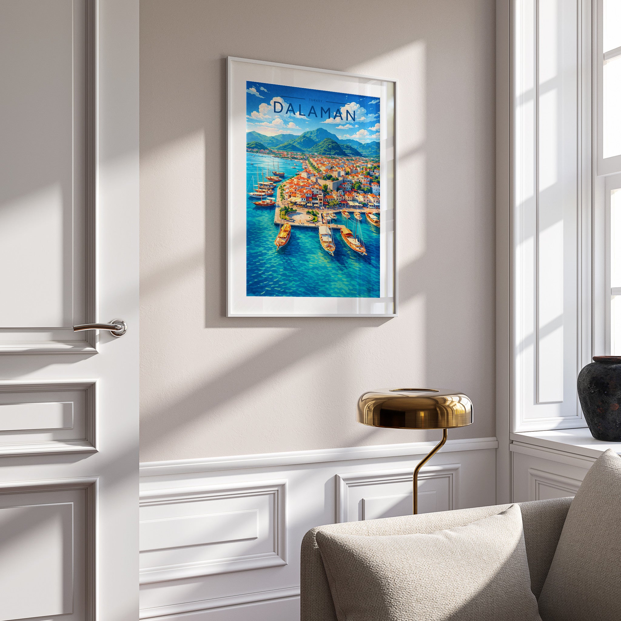 Dalaman Travel Poster in a white frame on a panelled wall