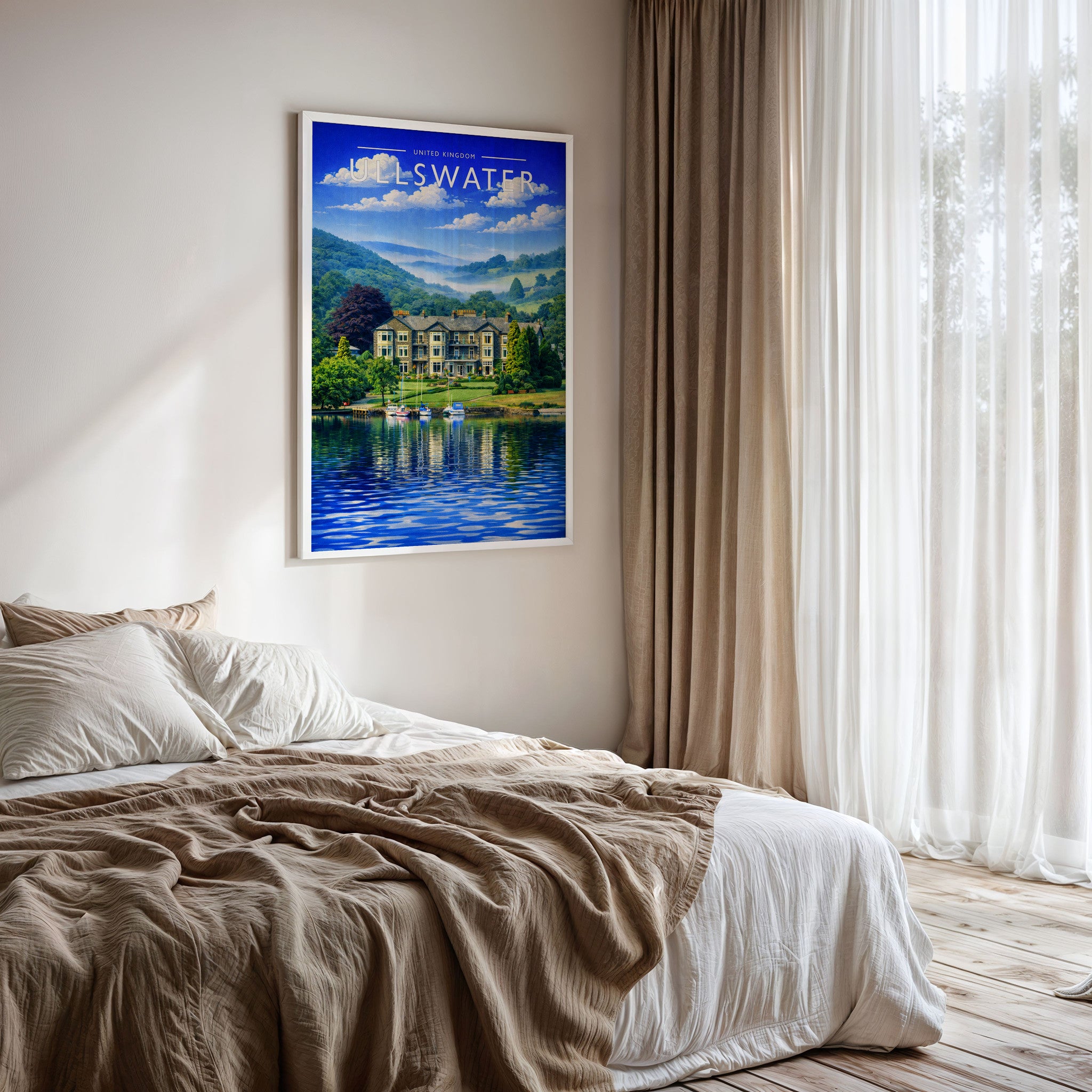 Ullswater Travel Poster framed on a bedroom wall