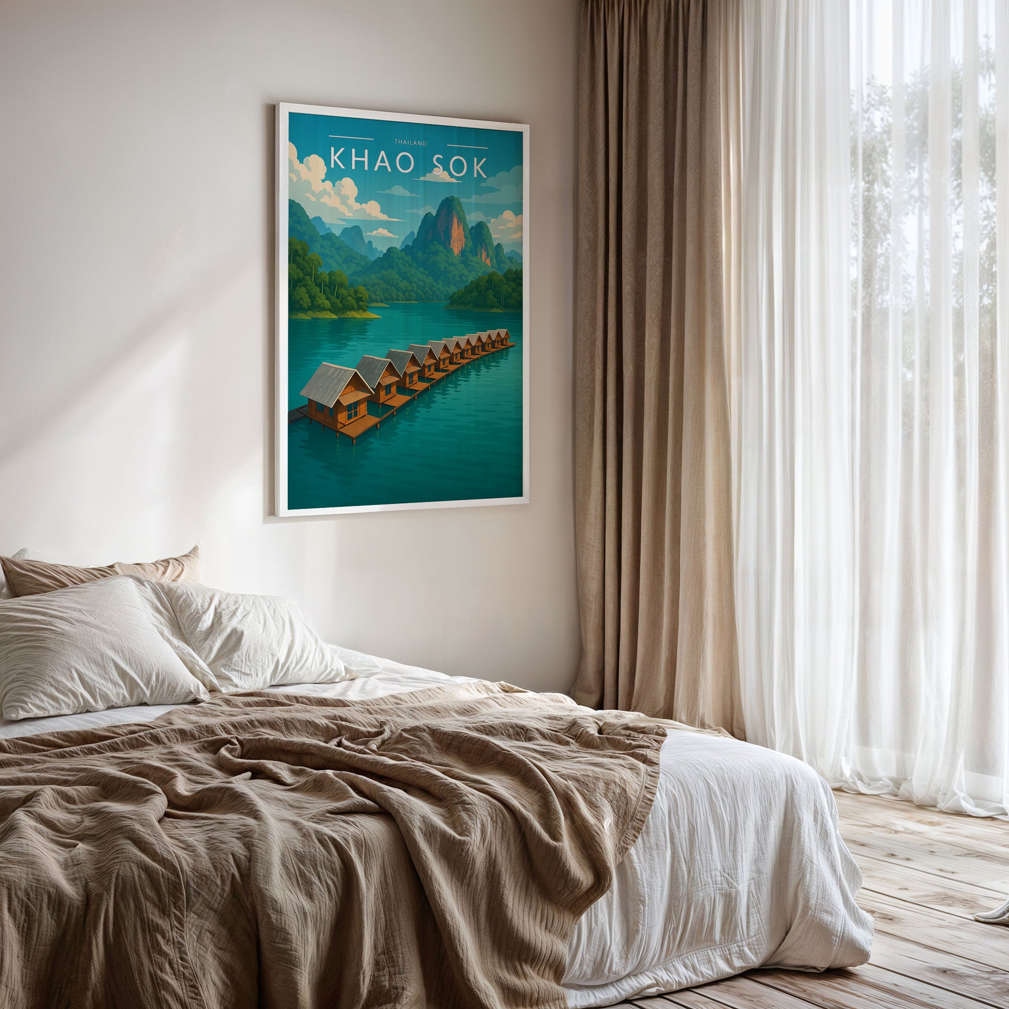 Khao Sok Travel Poster framed on a bedroom wall