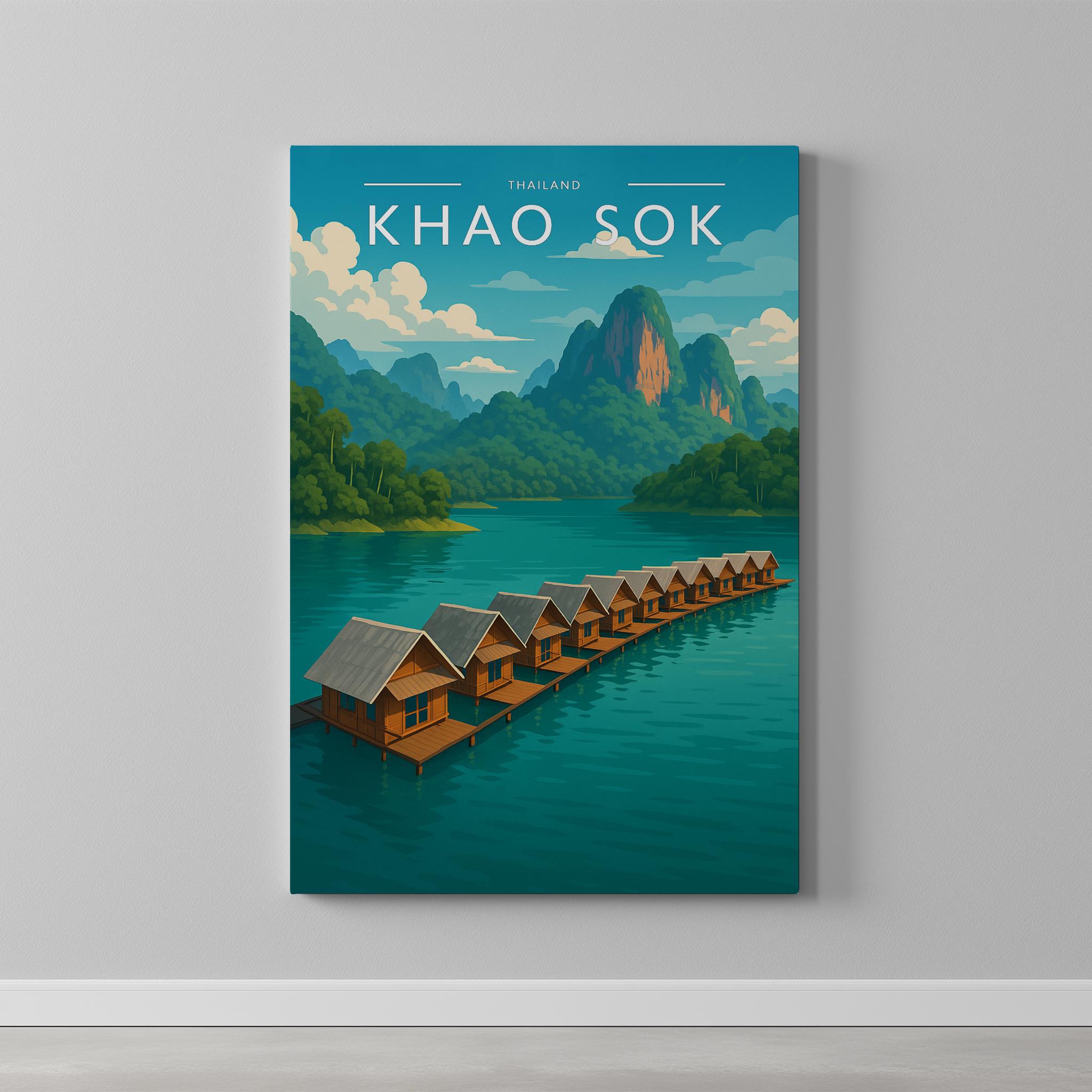Khao Sok Travel Poster as a gallery-wrapped canvas on a plain wall