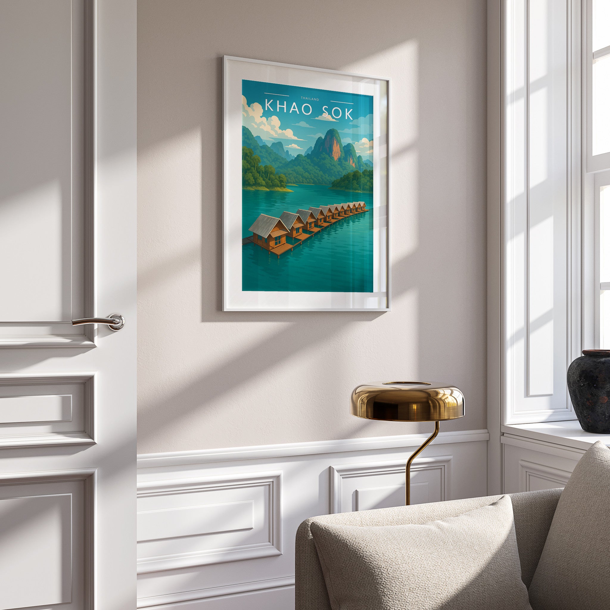 Khao Sok Travel Poster in a white frame on a panelled wall