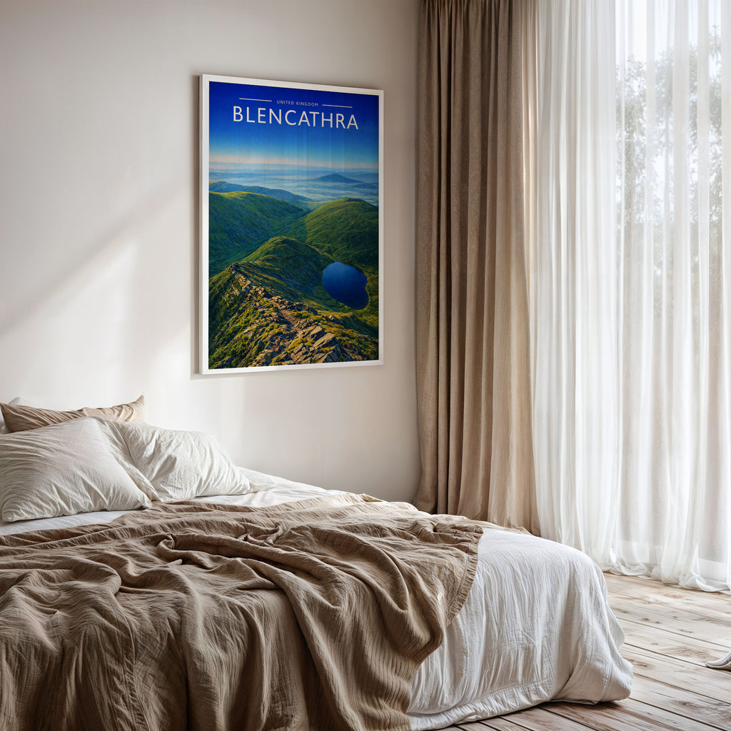 Blencathra Travel Poster framed on a bedroom wall