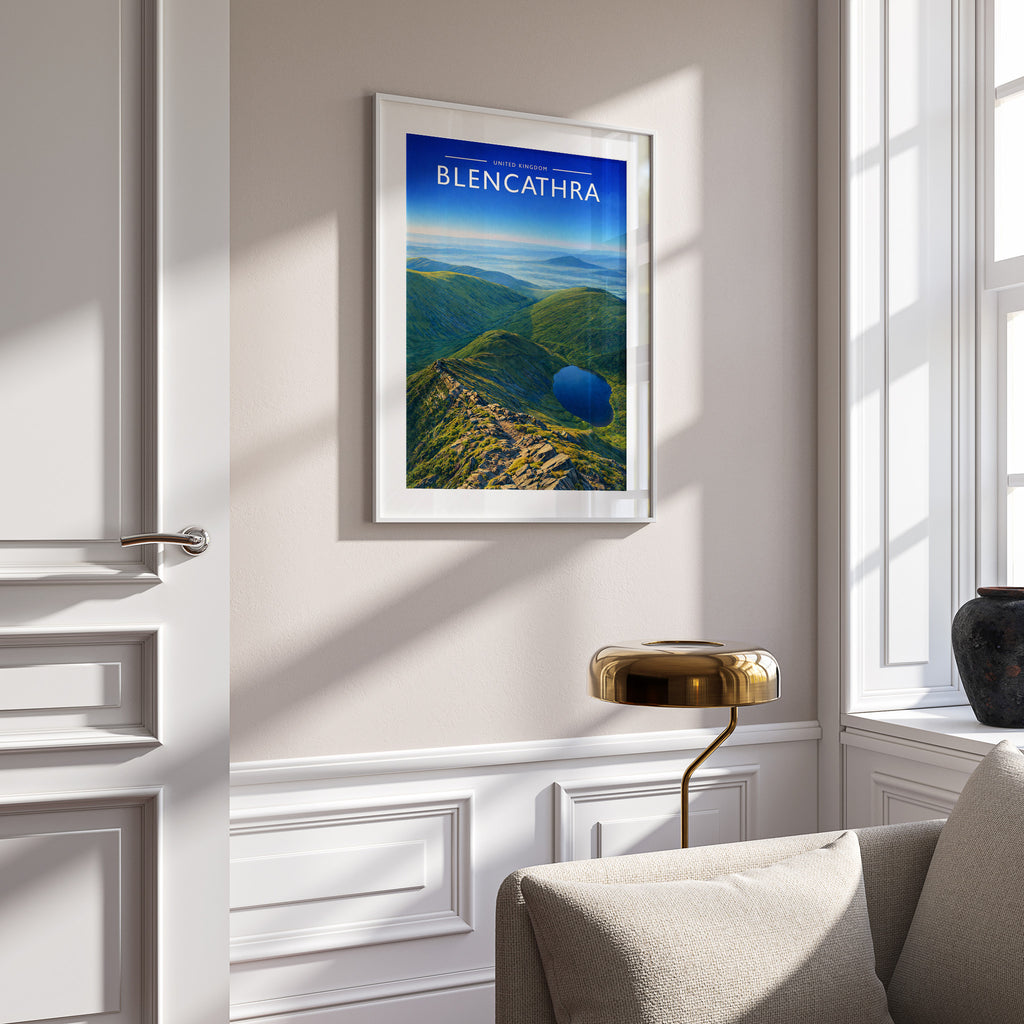 Blencathra Travel Poster in a white frame on a panelled wall
