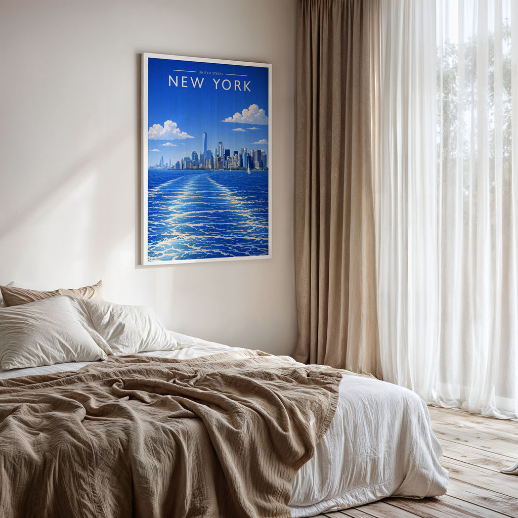 New York #3 Travel Poster framed on a bedroom wall