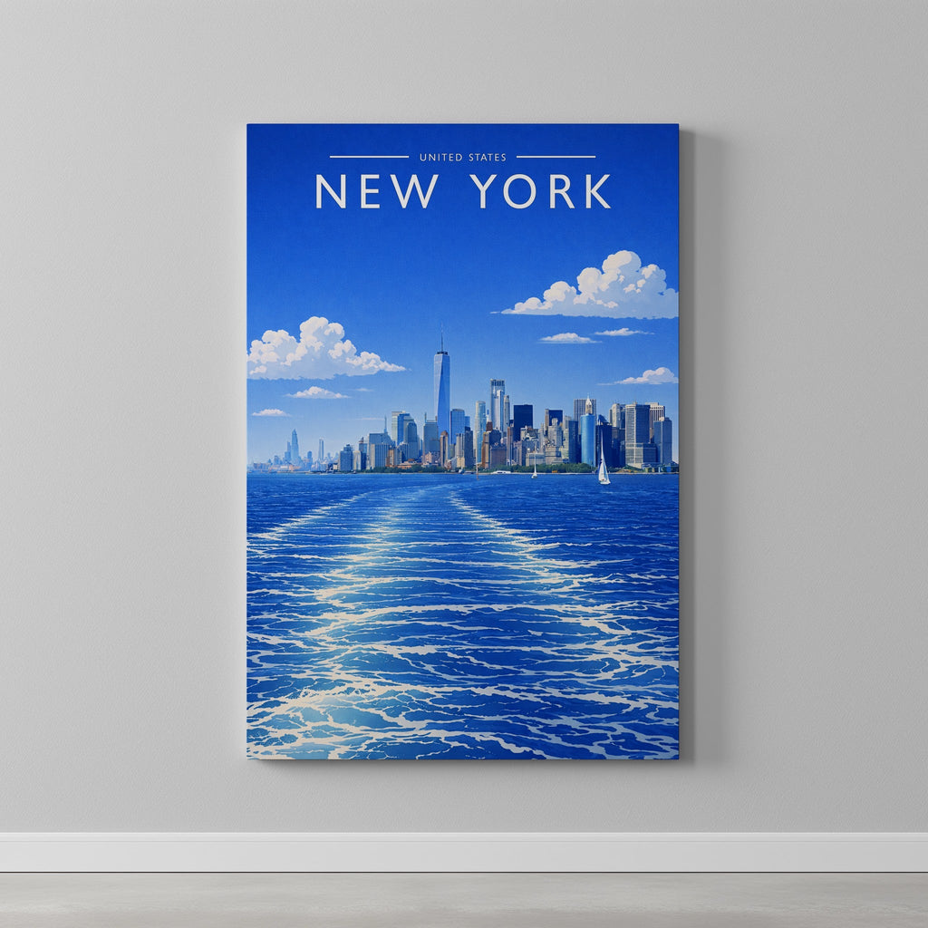 New York #3 Travel Poster as a gallery-wrapped canvas on a plain wall