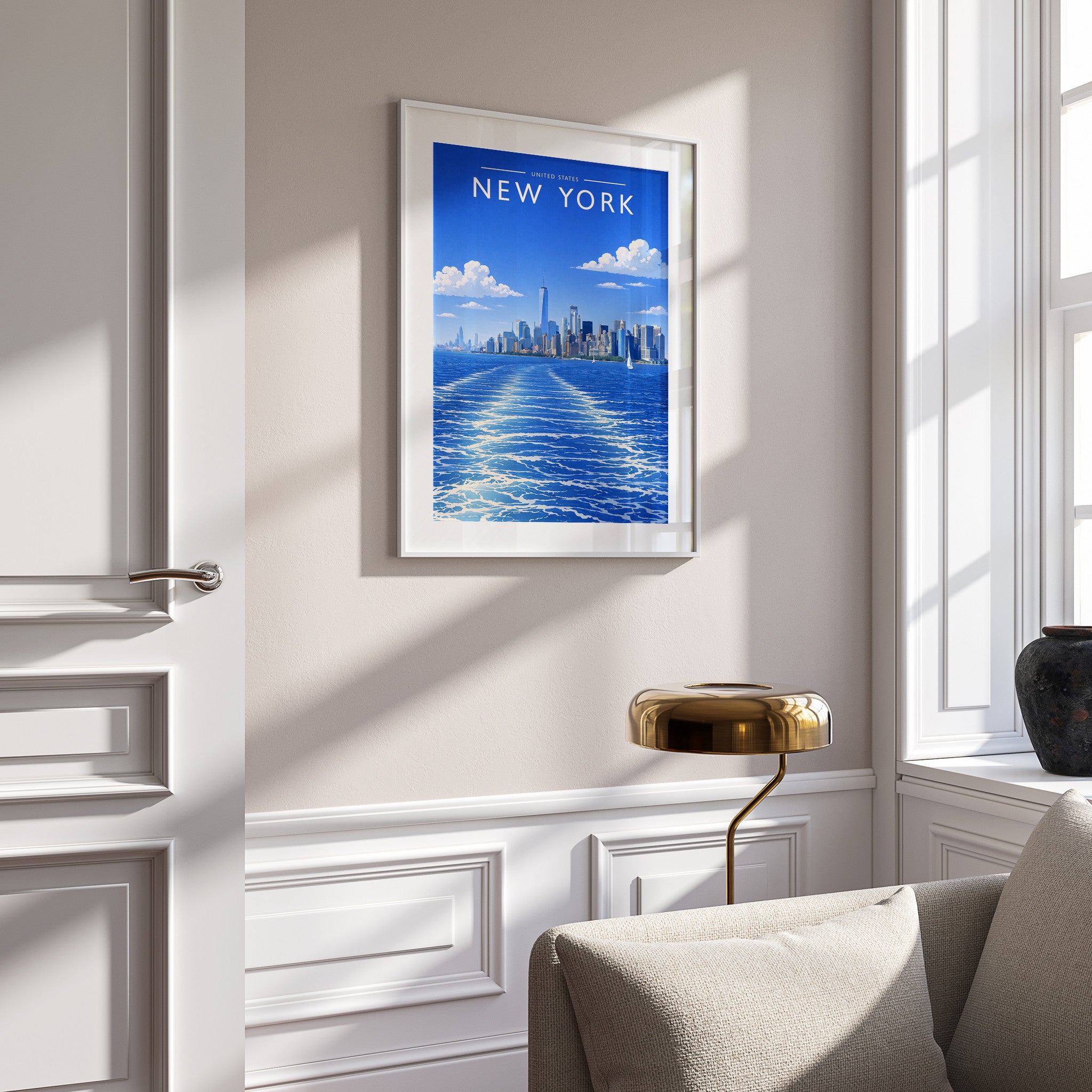 New York #3 Travel Poster in a white frame on a panelled wall