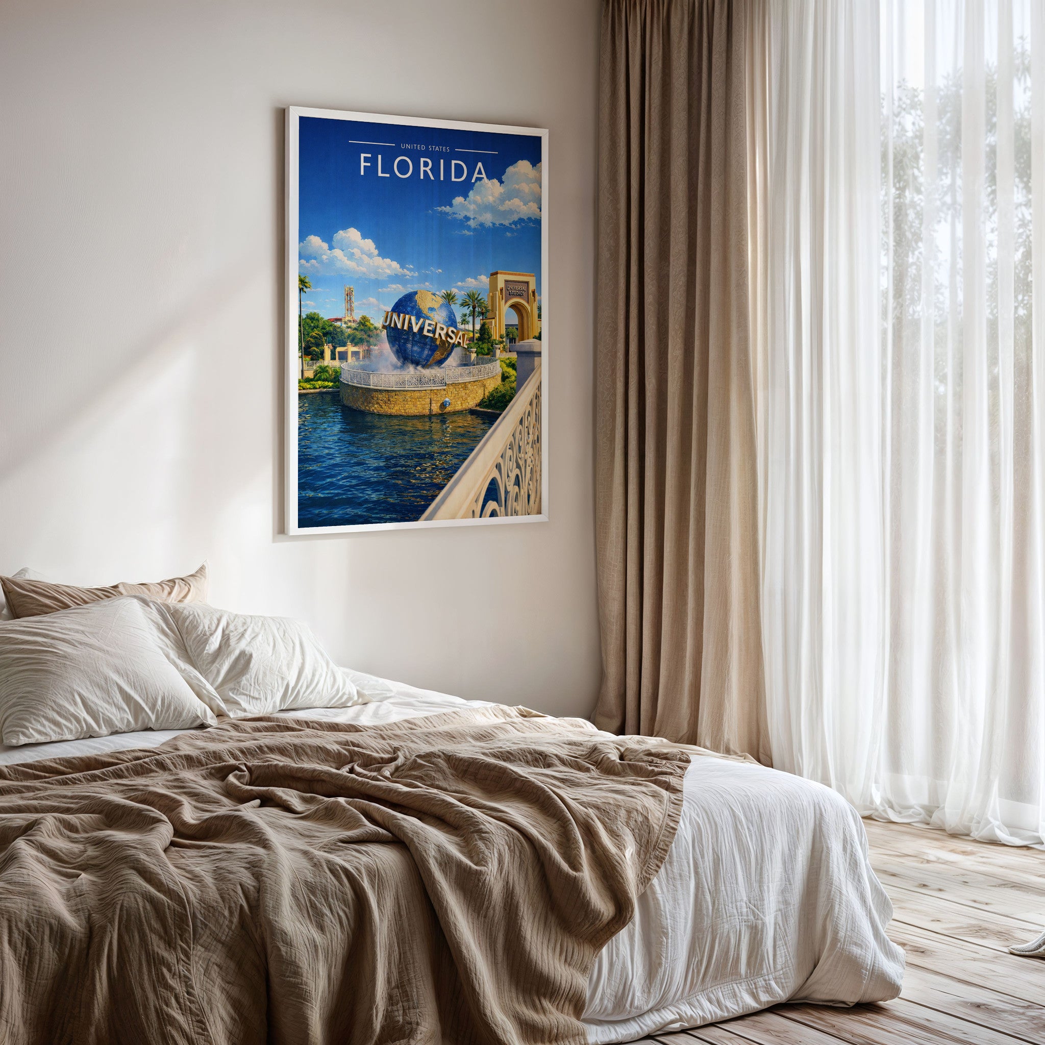 Florida Travel Poster framed on a bedroom wall