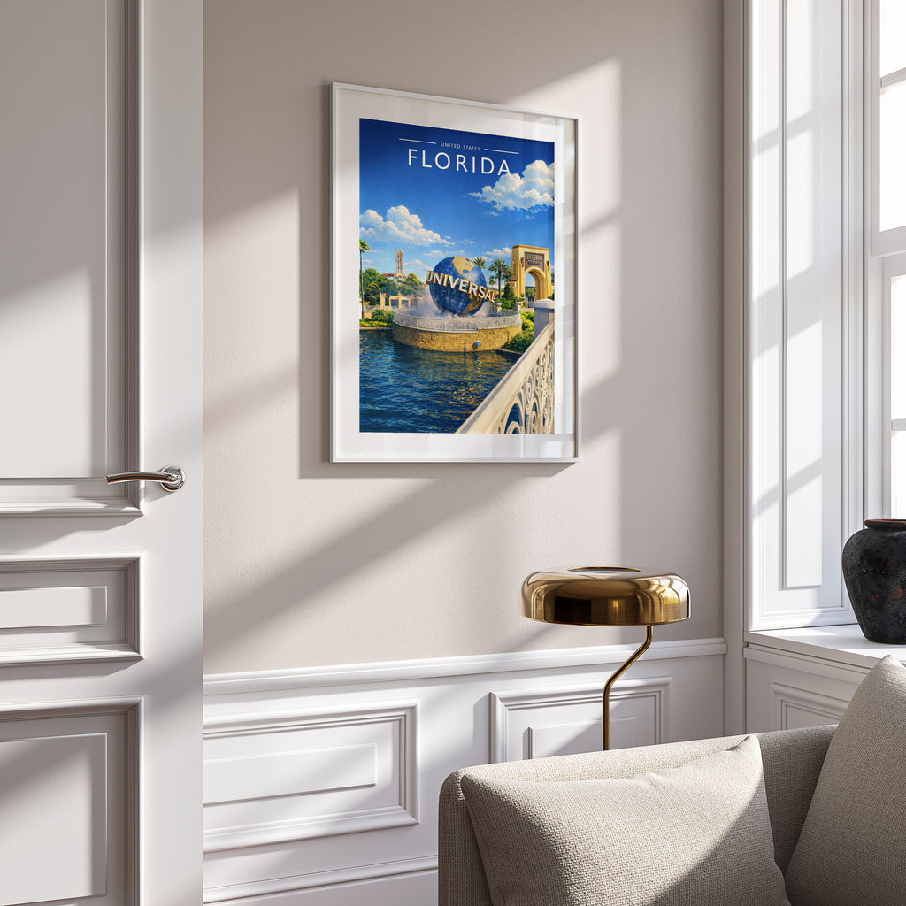 Florida Travel Poster in a white frame on a panelled wall