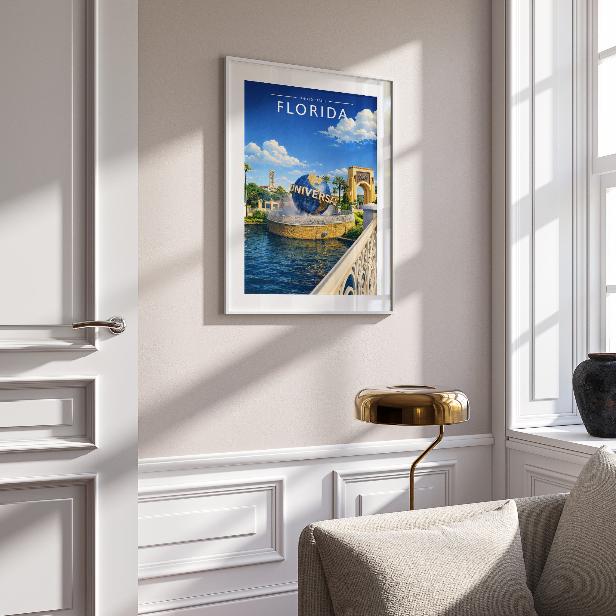 Florida Travel Poster in a white frame on a panelled wall