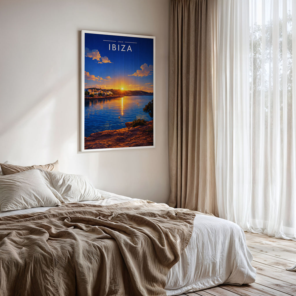 Ibiza #10 Travel Poster framed on a bedroom wall