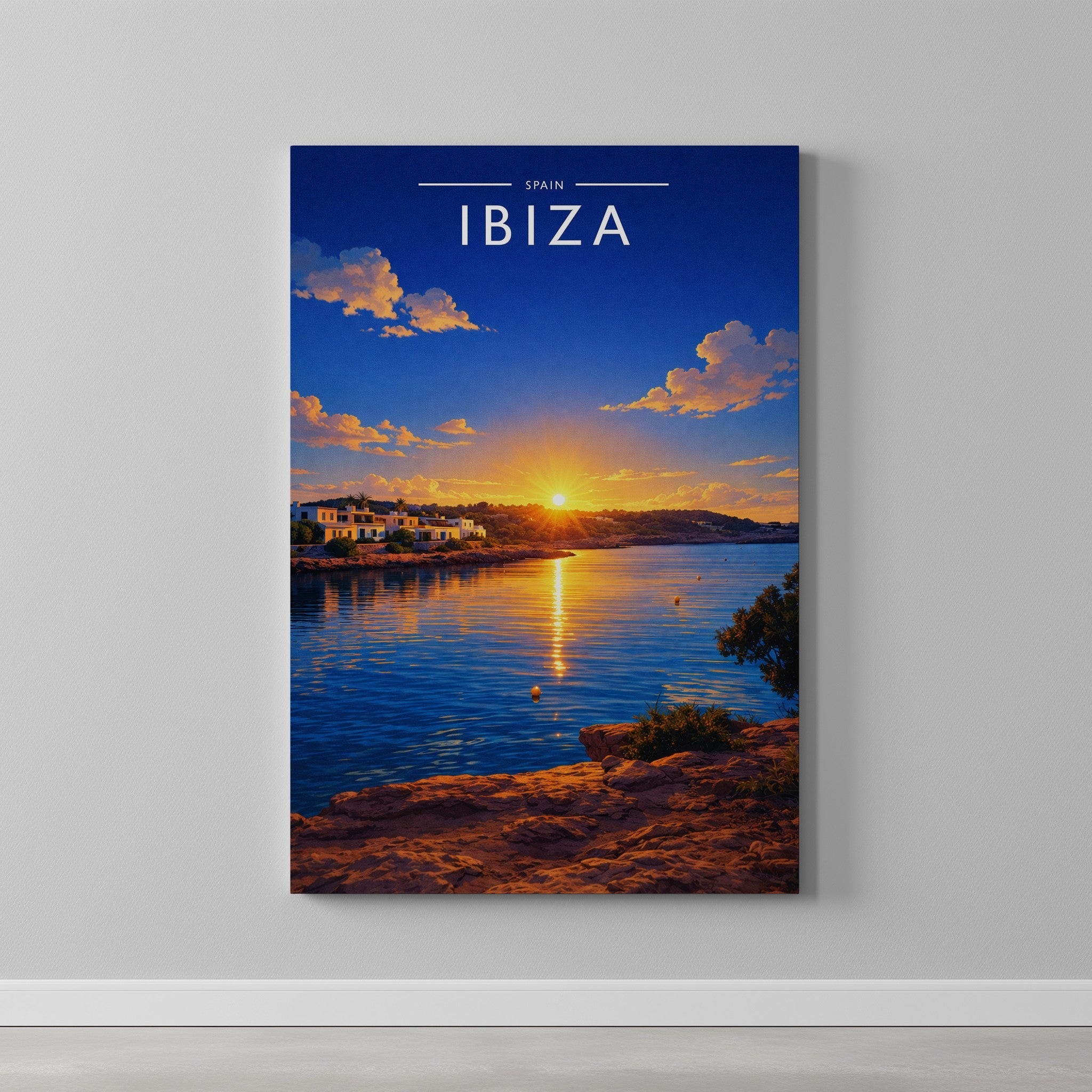 Ibiza #10 Travel Poster as a gallery-wrapped canvas on a plain wall