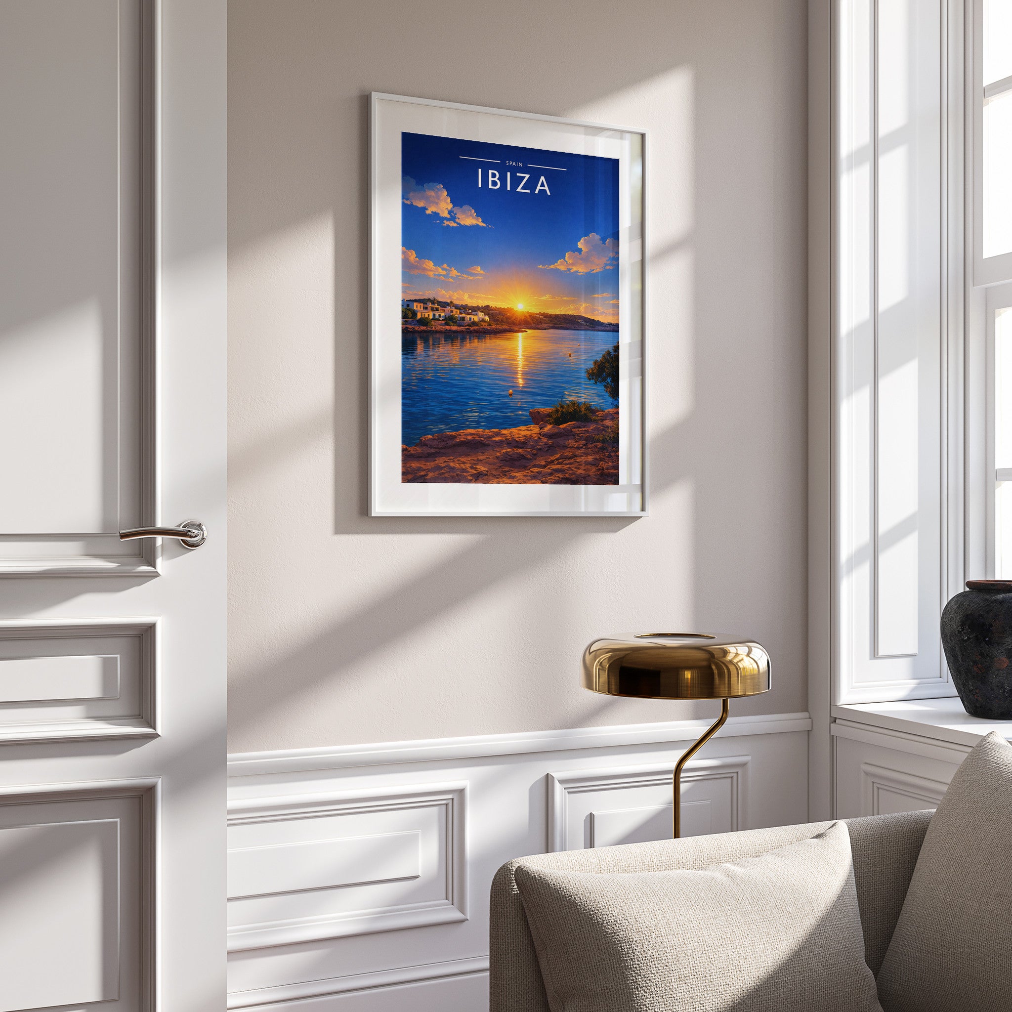 Ibiza #10 Travel Poster in a white frame on a panelled wall