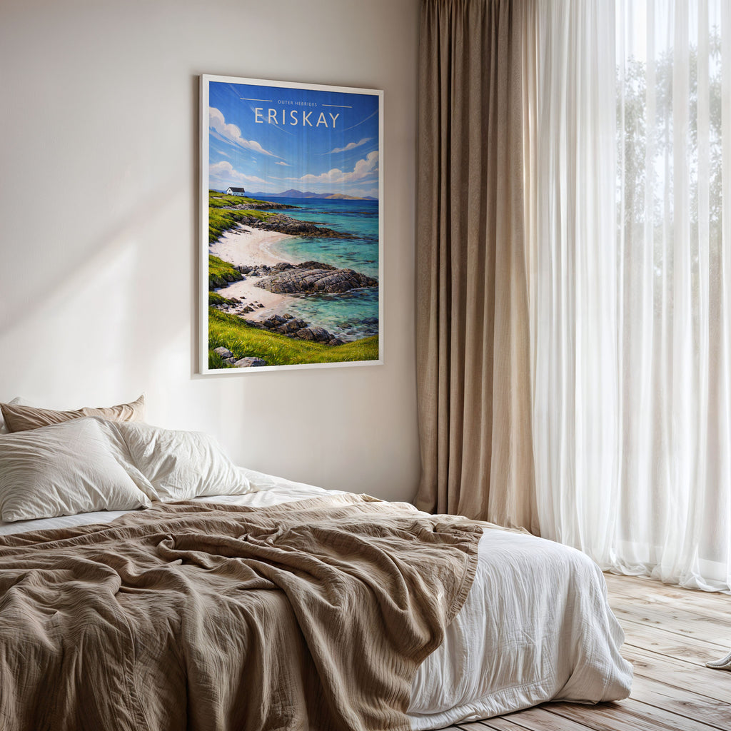 Eriskay Travel Poster framed on a bedroom wall