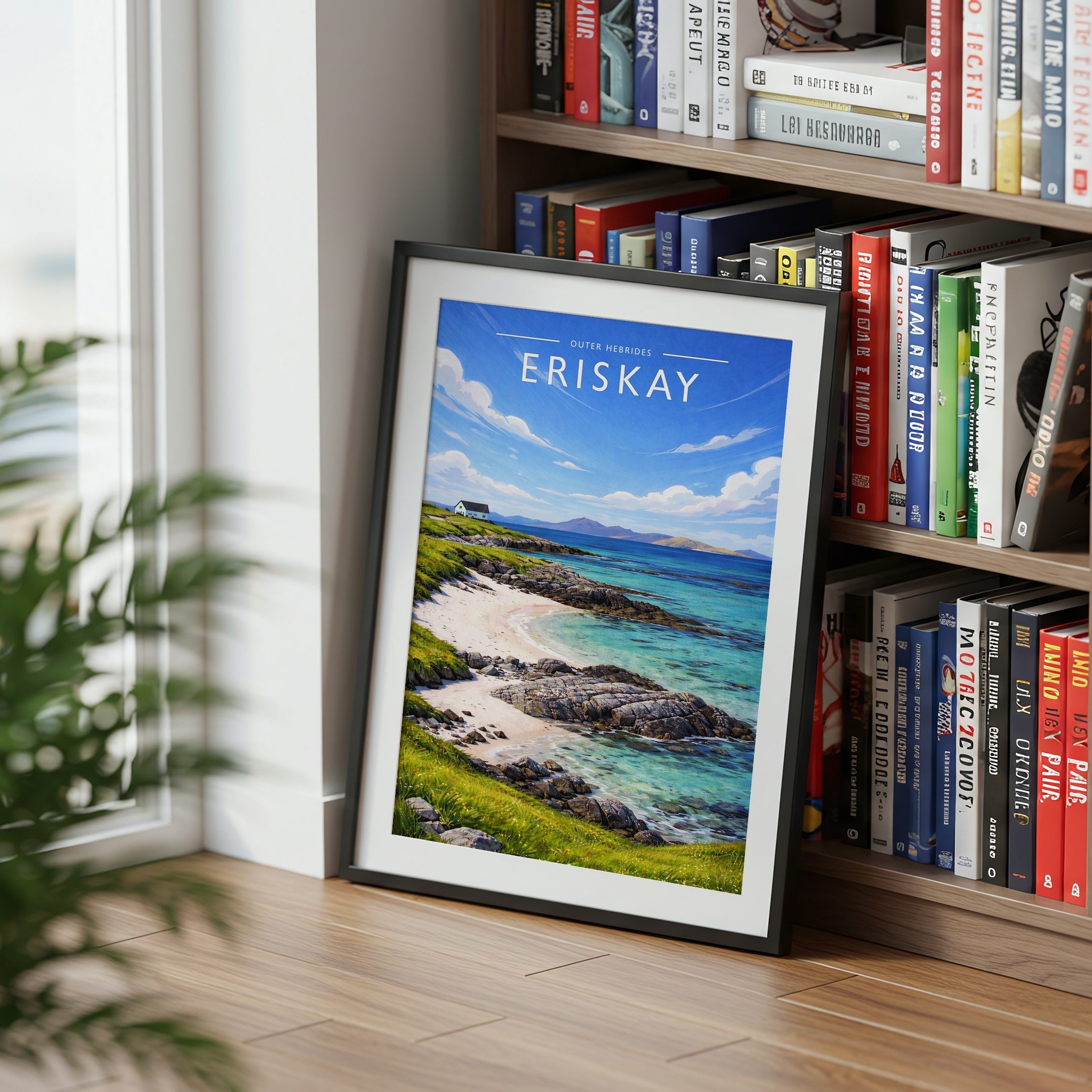 Eriskay Travel Poster mounted in a black frame