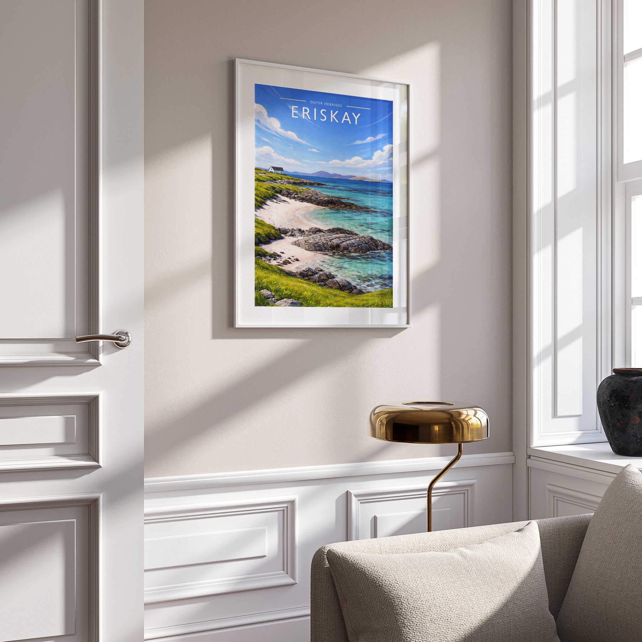 Eriskay Travel Poster in a white frame on a panelled wall
