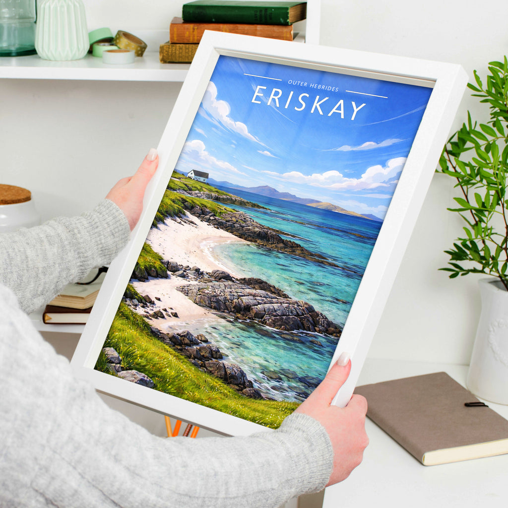 Eriskay Travel Poster in a white frame, held to show scale