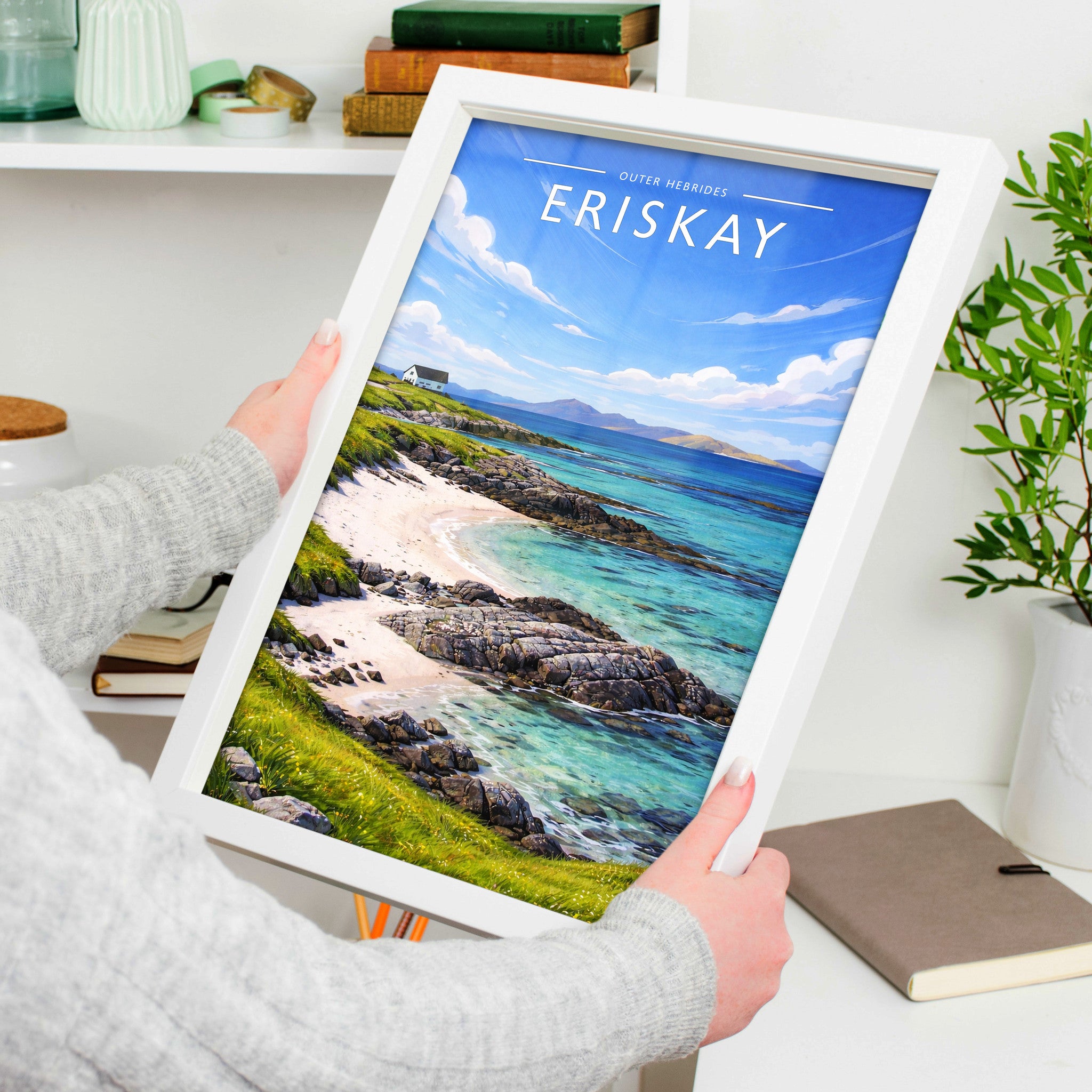 Eriskay Travel Poster in a white frame, held to show scale