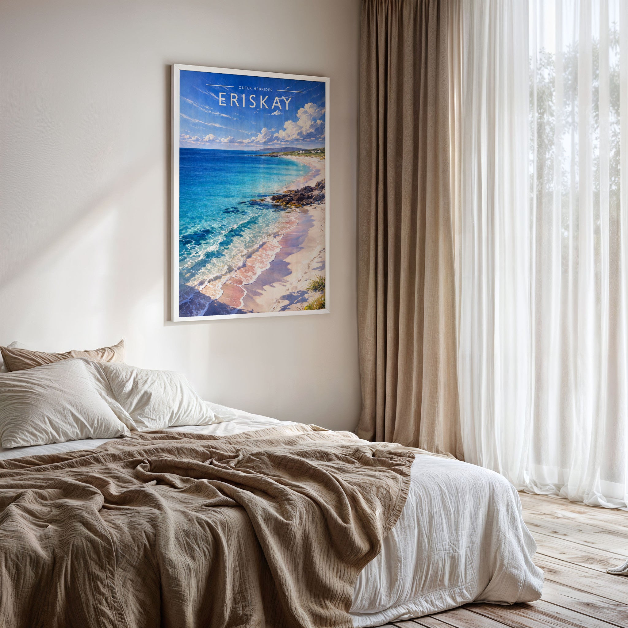 Eriskay #2 Travel Poster framed on a bedroom wall