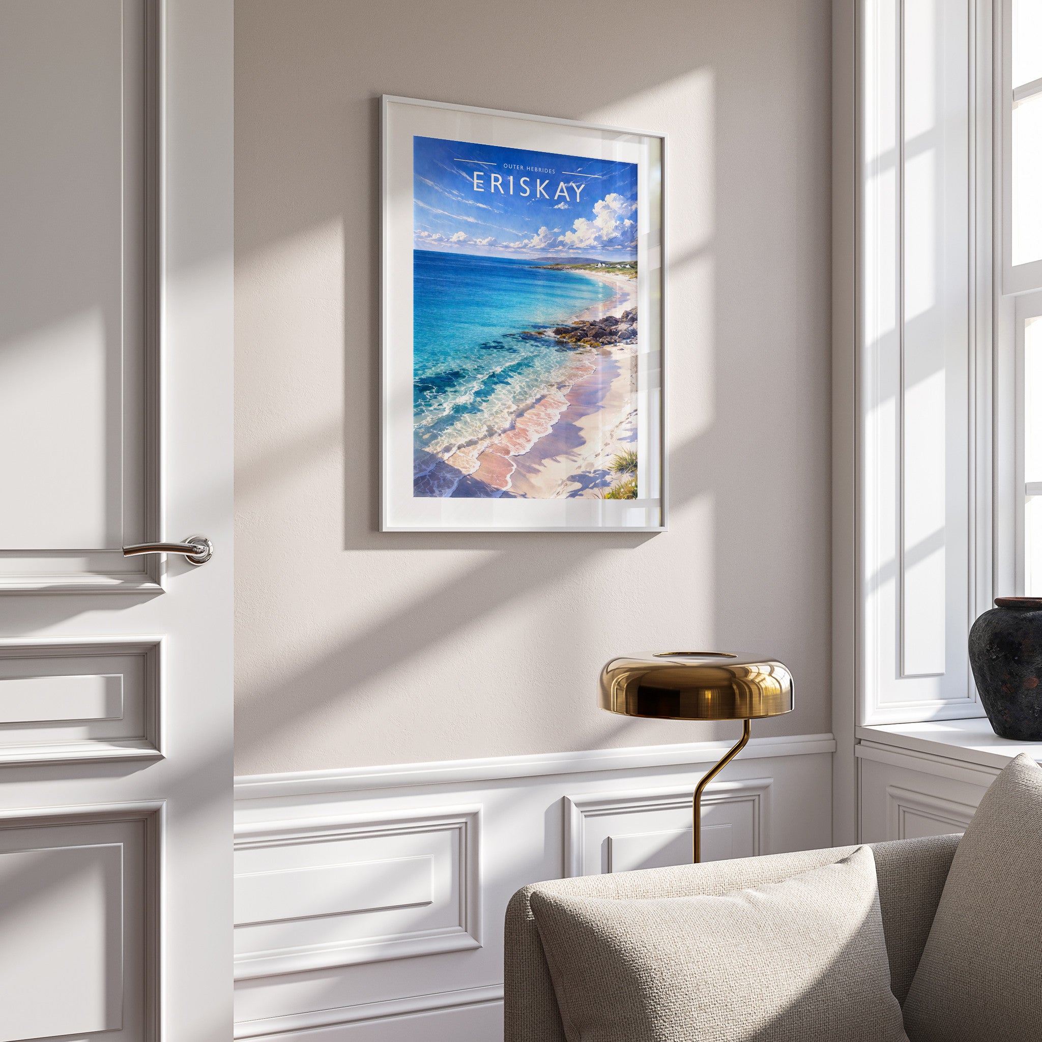 Eriskay #2 Travel Poster in a white frame on a panelled wall
