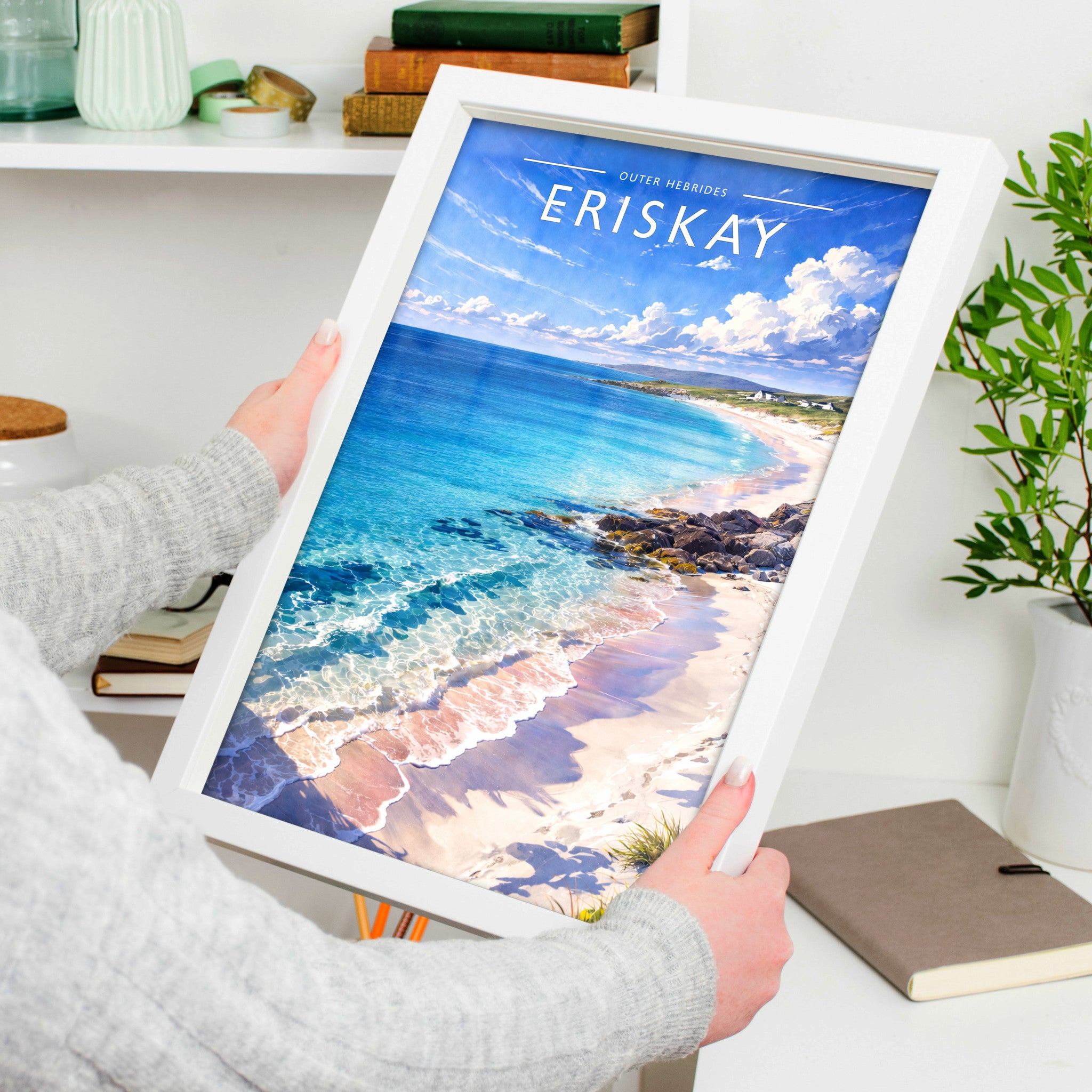 Eriskay #2 Travel Poster in a white frame, held to show scale