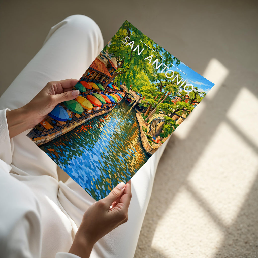 San Antonio Travel Poster - A4 print held in hand