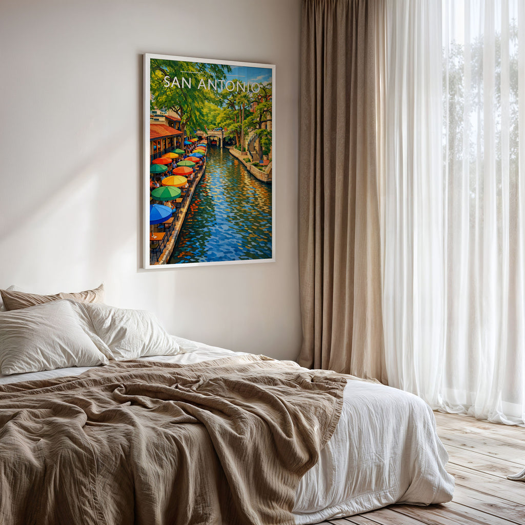 San Antonio Travel Poster framed on a bedroom wall