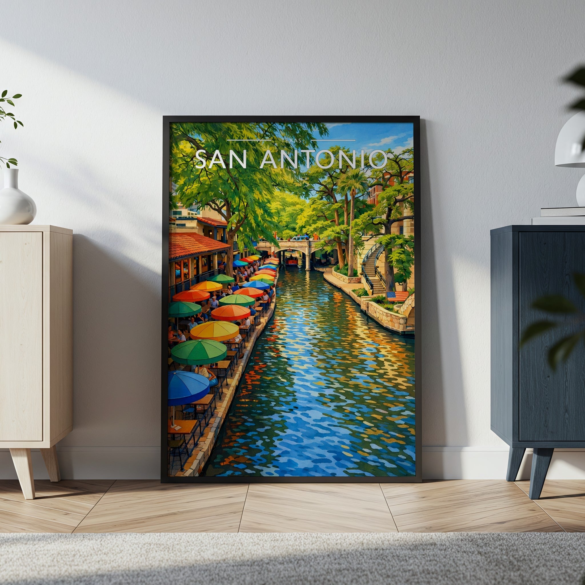 San Antonio Travel Poster in a black frame