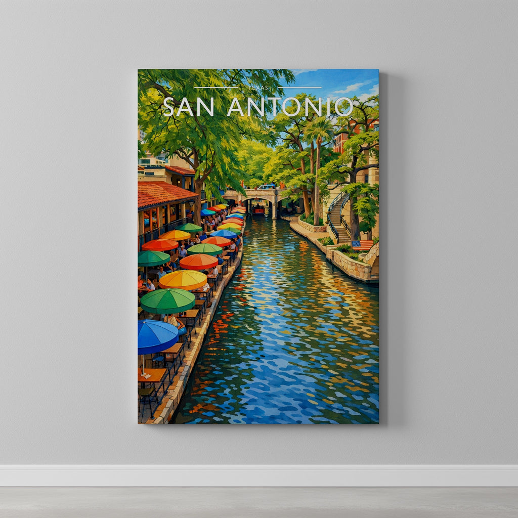 San Antonio Travel Poster as a gallery-wrapped canvas on a plain wall
