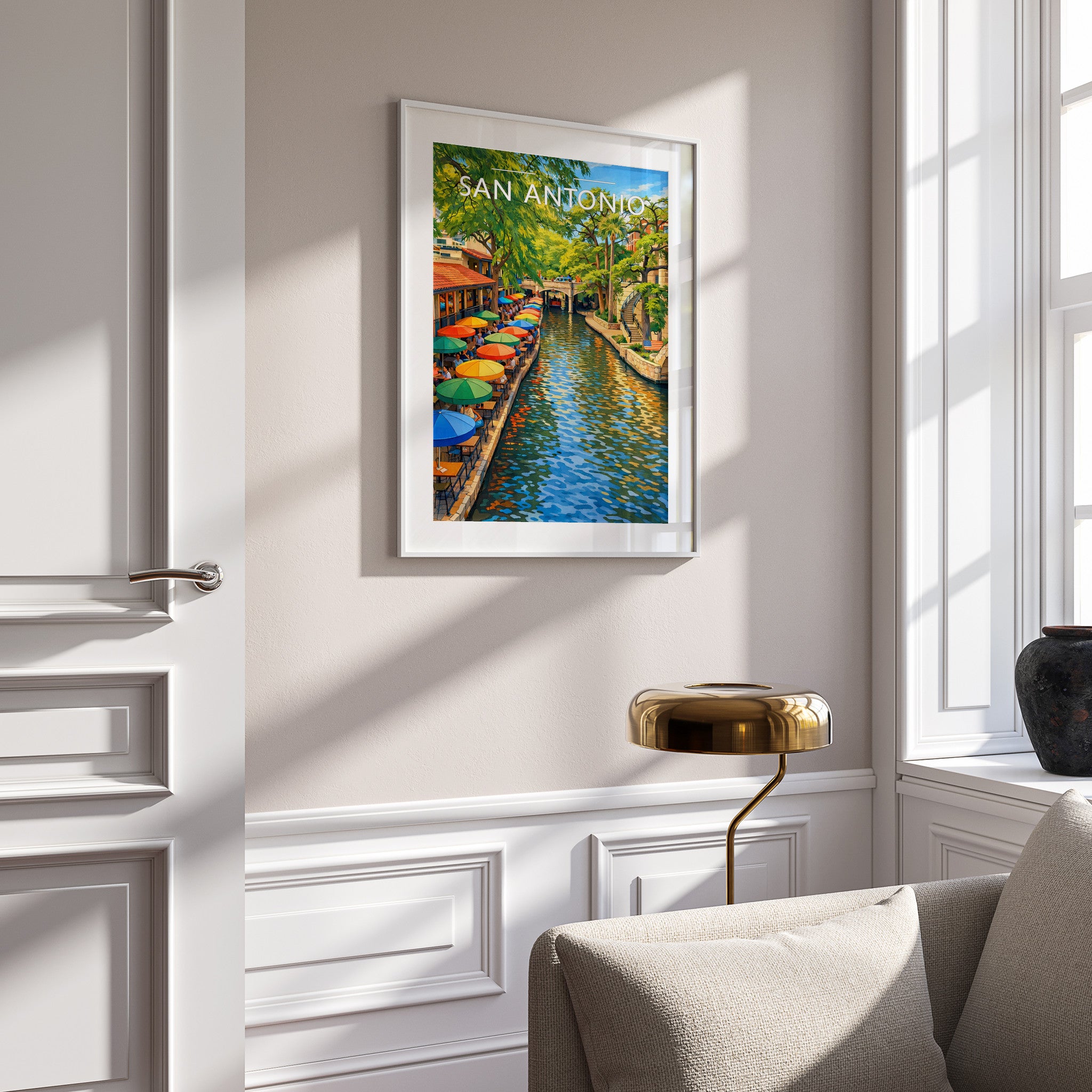 San Antonio Travel Poster in a white frame on a panelled wall