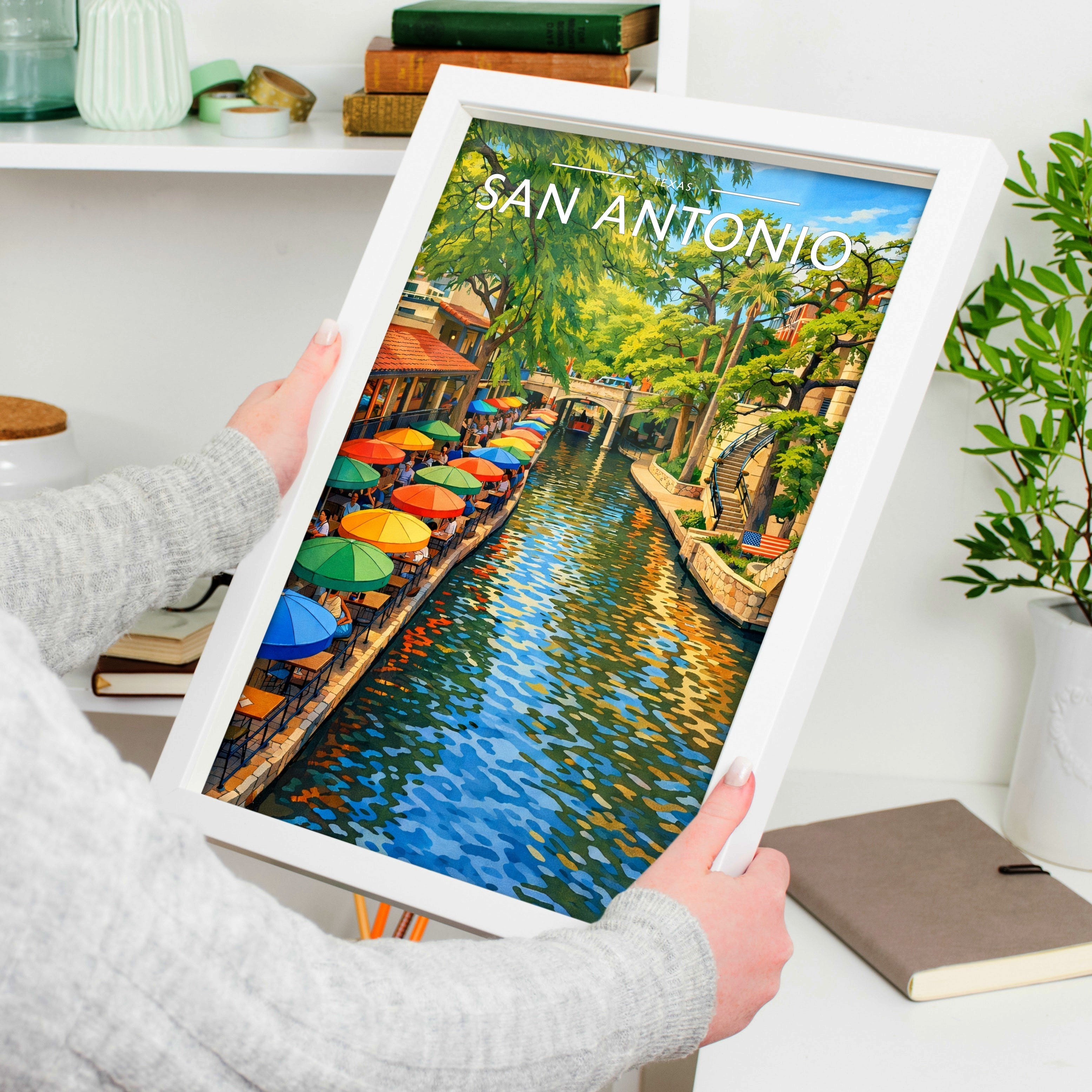 San Antonio Travel Poster held in a white frame