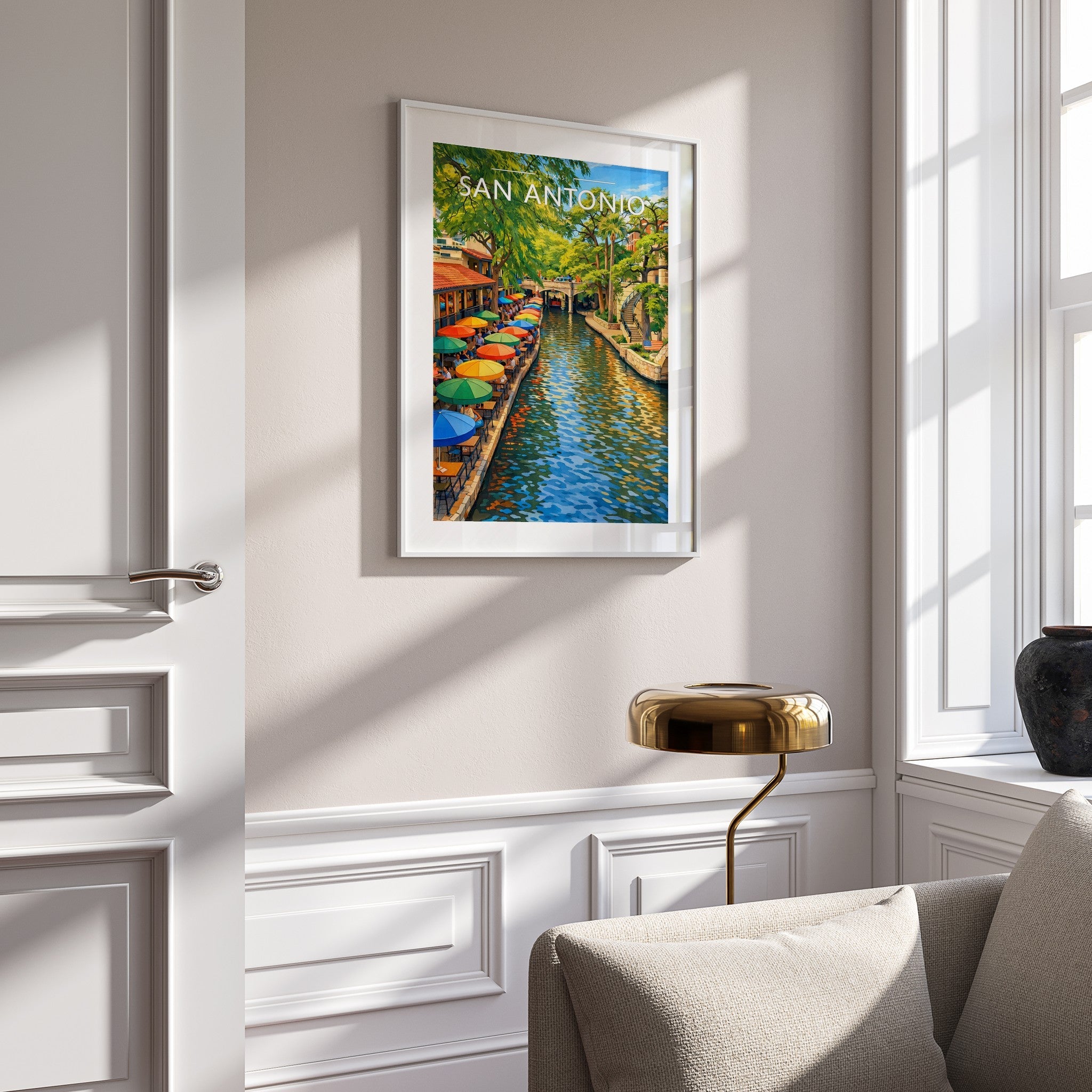 San Antonio Travel Poster mounted in a white frame