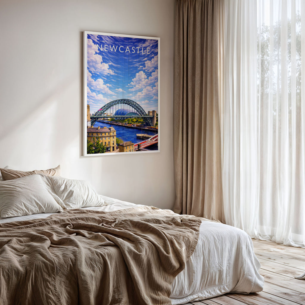 Newcastle Travel Poster framed on a bedroom wall