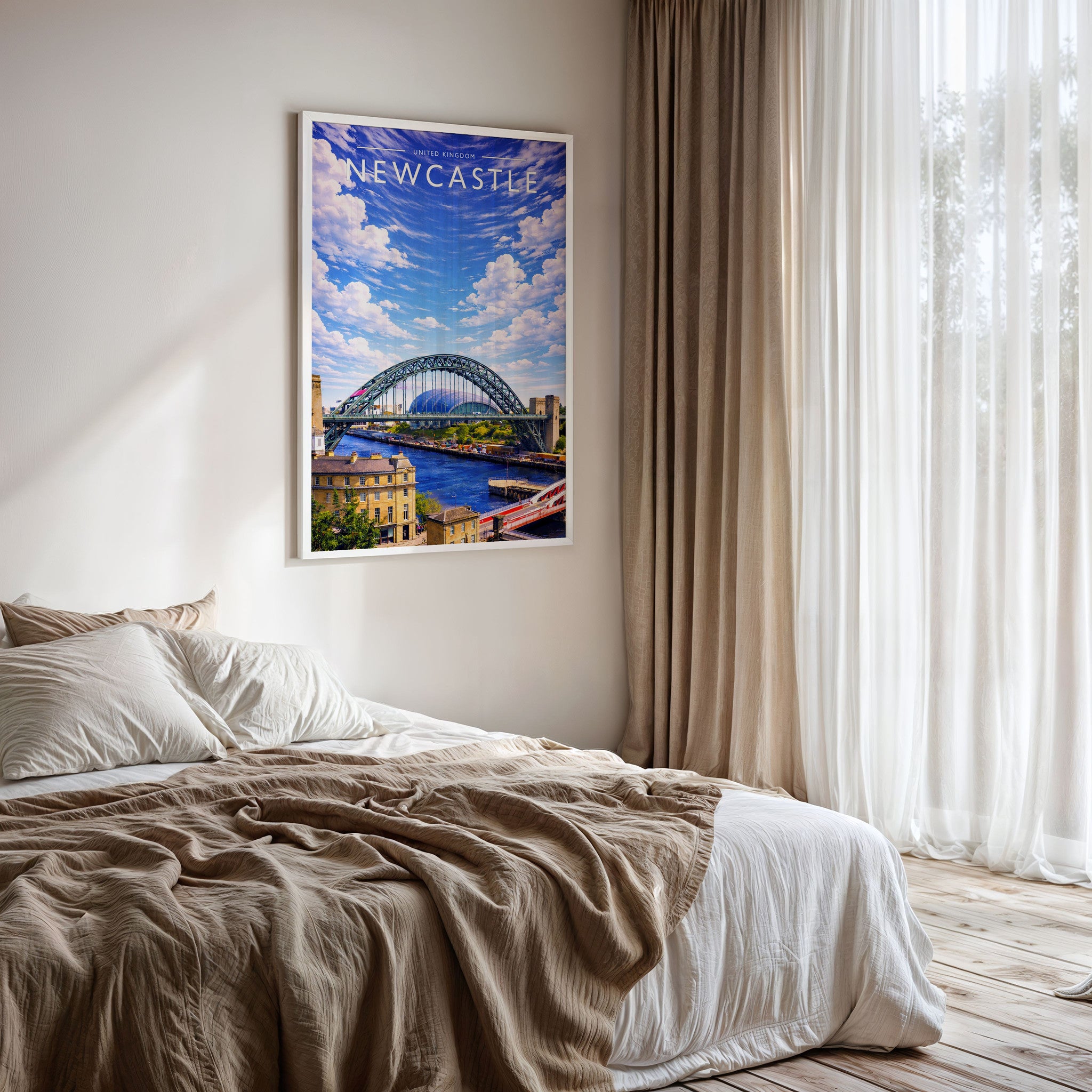 Newcastle Travel Poster framed on a bedroom wall