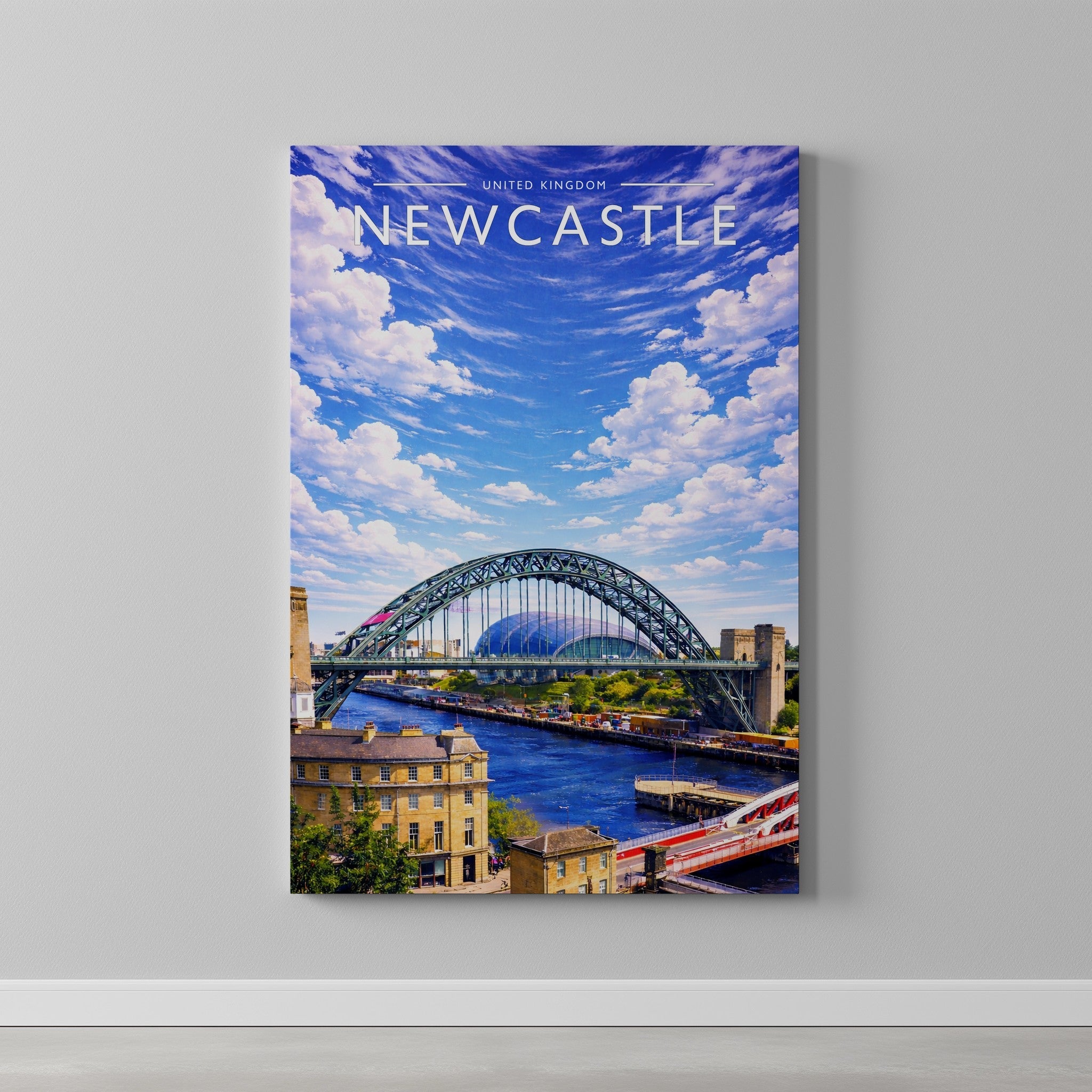 Newcastle Travel Poster as a gallery-wrapped canvas on a plain wall