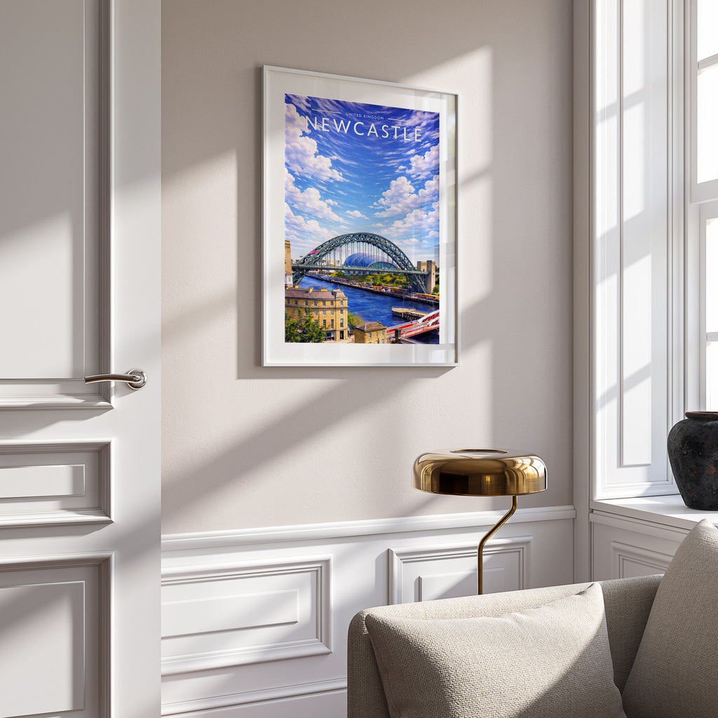 Newcastle Travel Poster in a white frame on a panelled wall
