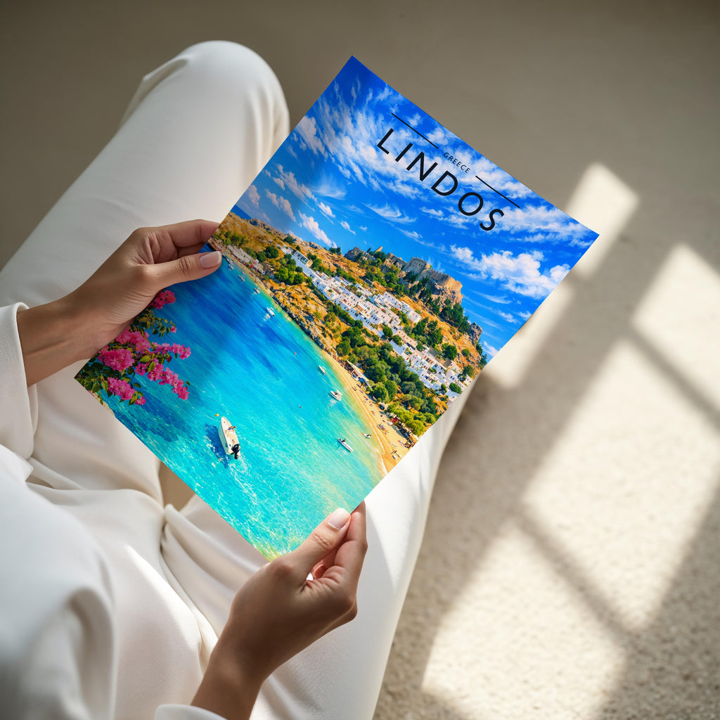 Lindos #2 Travel Poster - A4 print held in hand