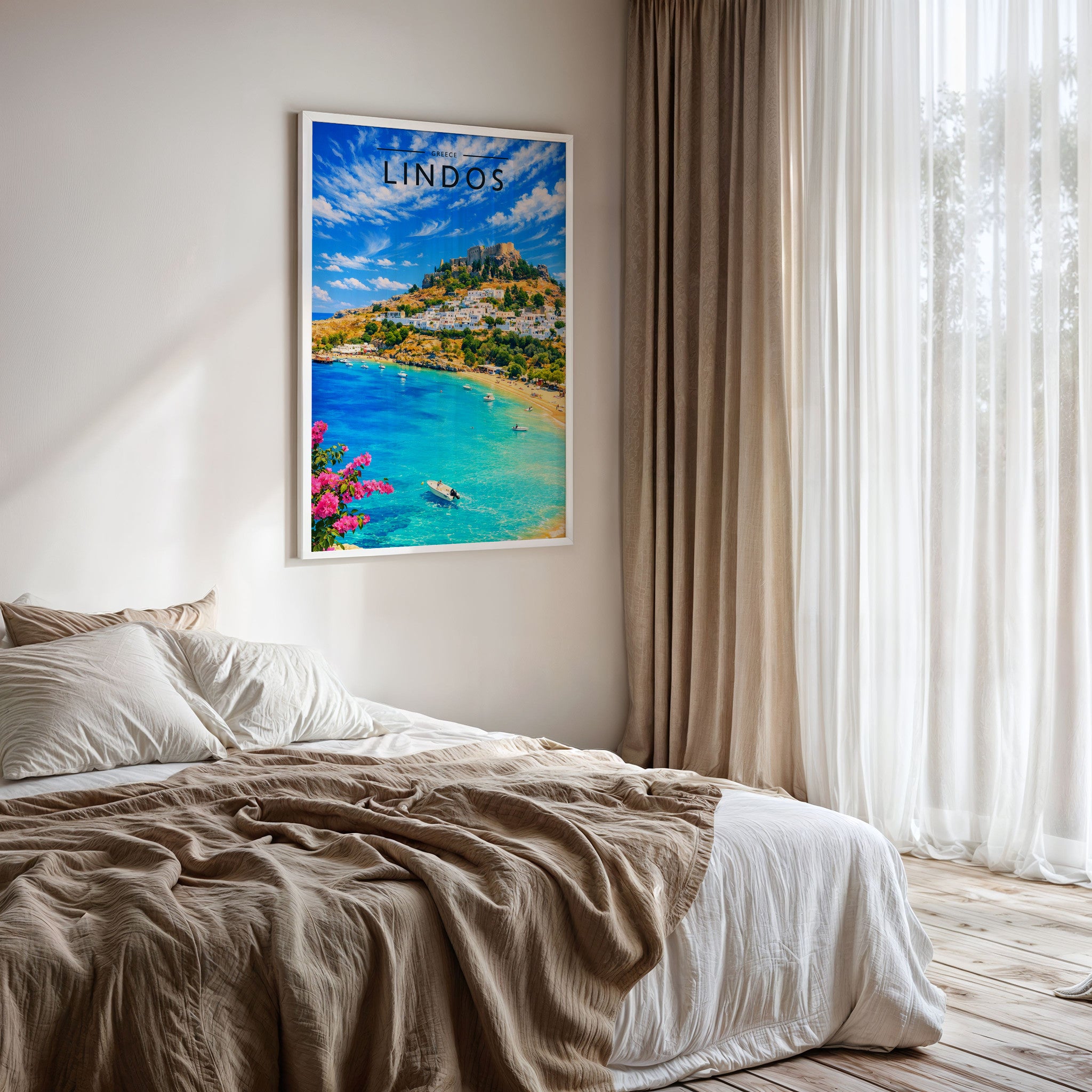 Lindos #2 Travel Poster framed on a bedroom wall
