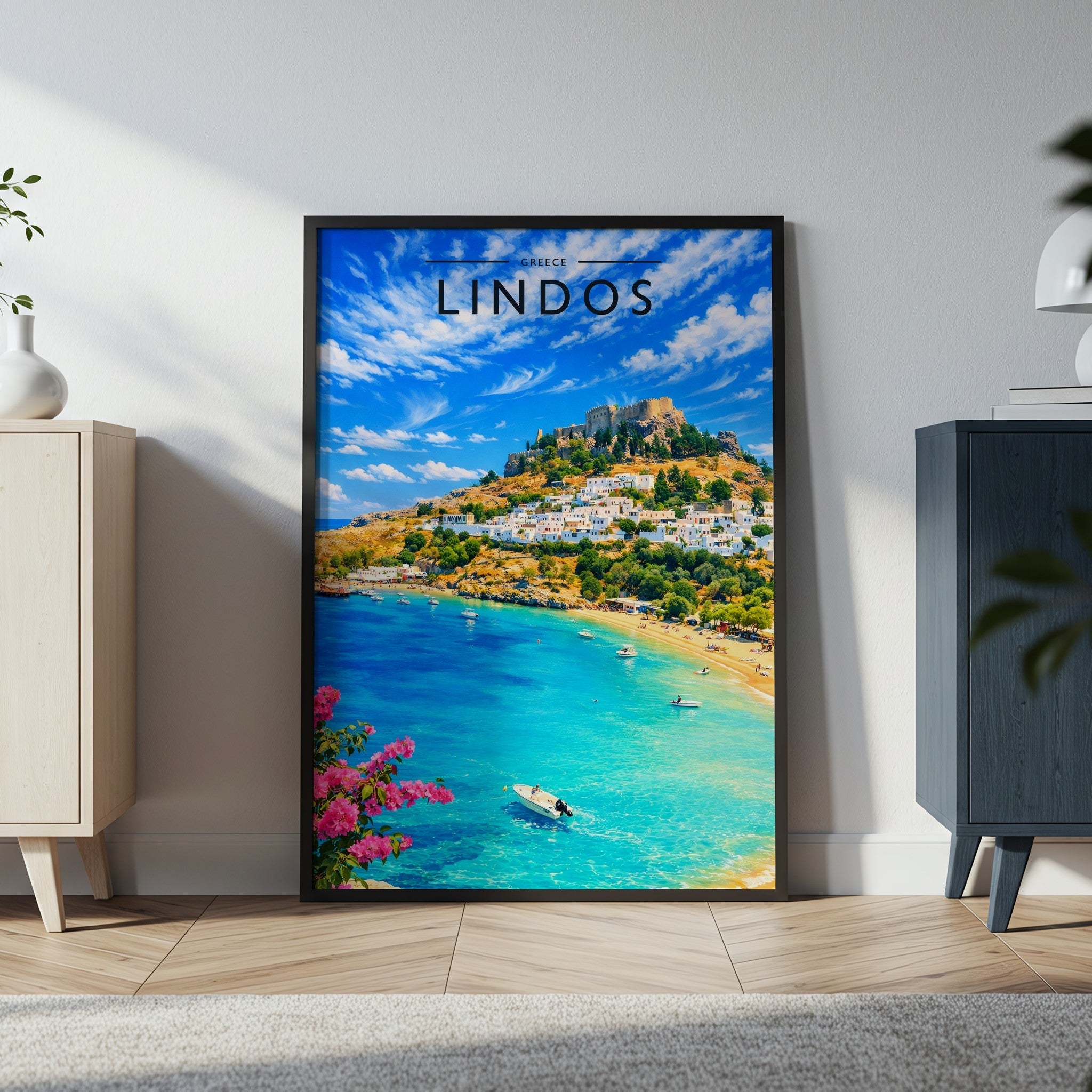 Lindos #2 Travel Poster in a black frame